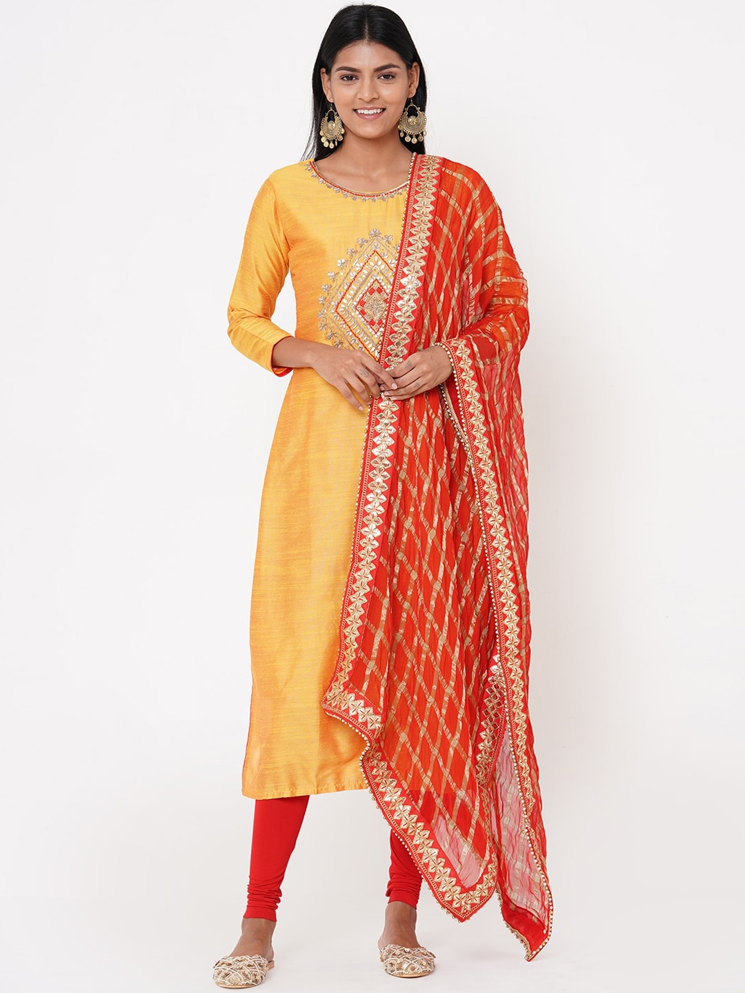 

FASHOR Women Mustard Yellow & Red Embroidered Anarkali Kurta & Dupatta