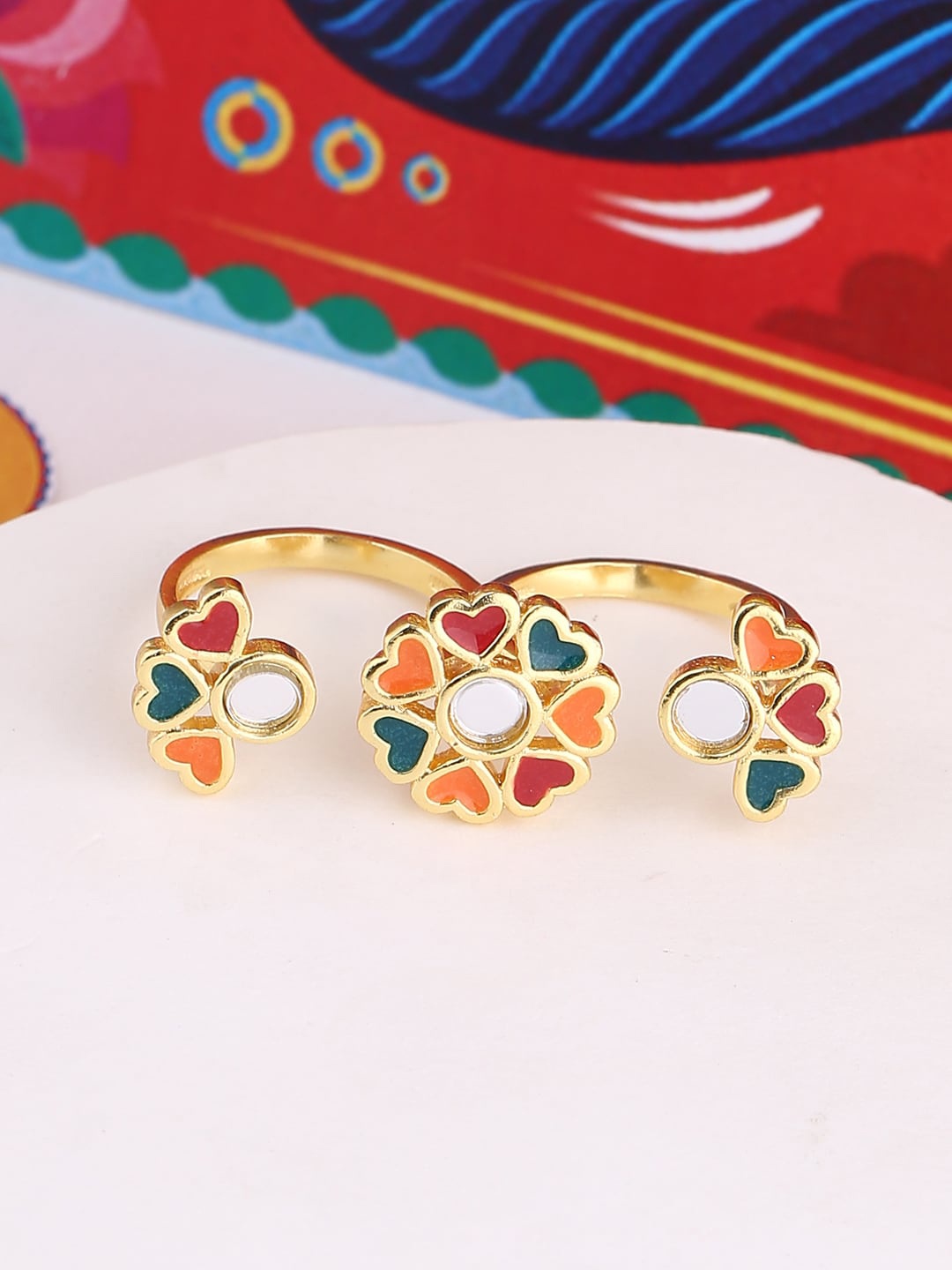 Voylla Gold-Plated & Red Handcrafted Floral Dual Finger Ring