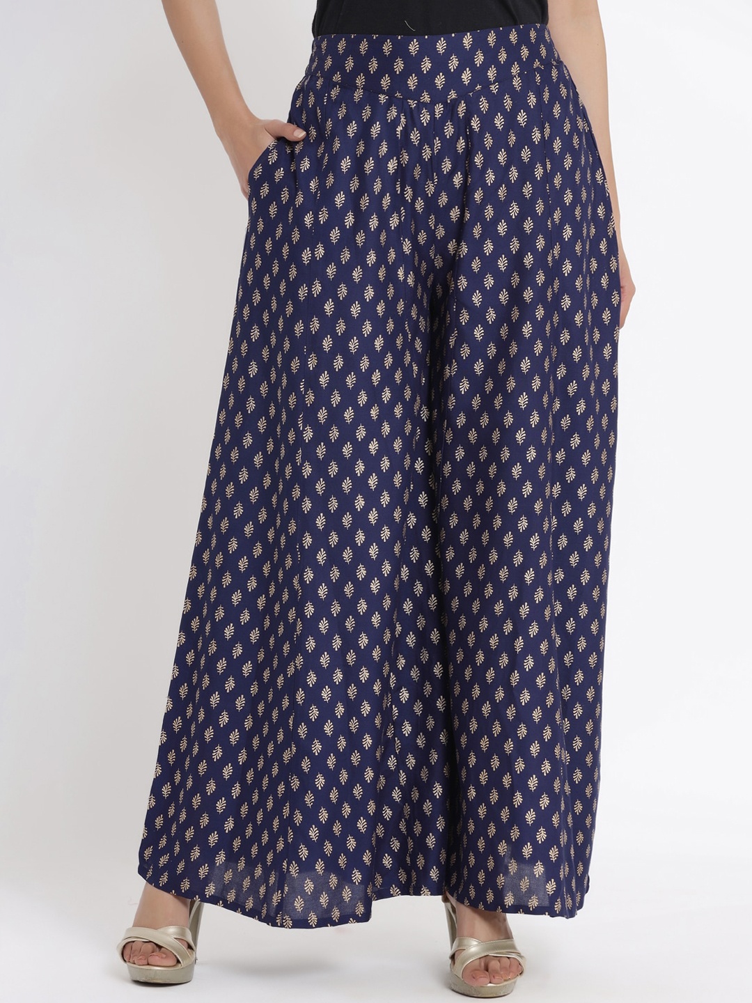 

Juniper Women Navy Blue & Gold-Coloured Printed Flared Palazzo