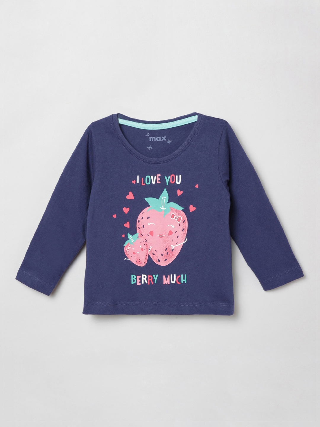 

max Girls Navy Blue Printed Round Neck T-shirt
