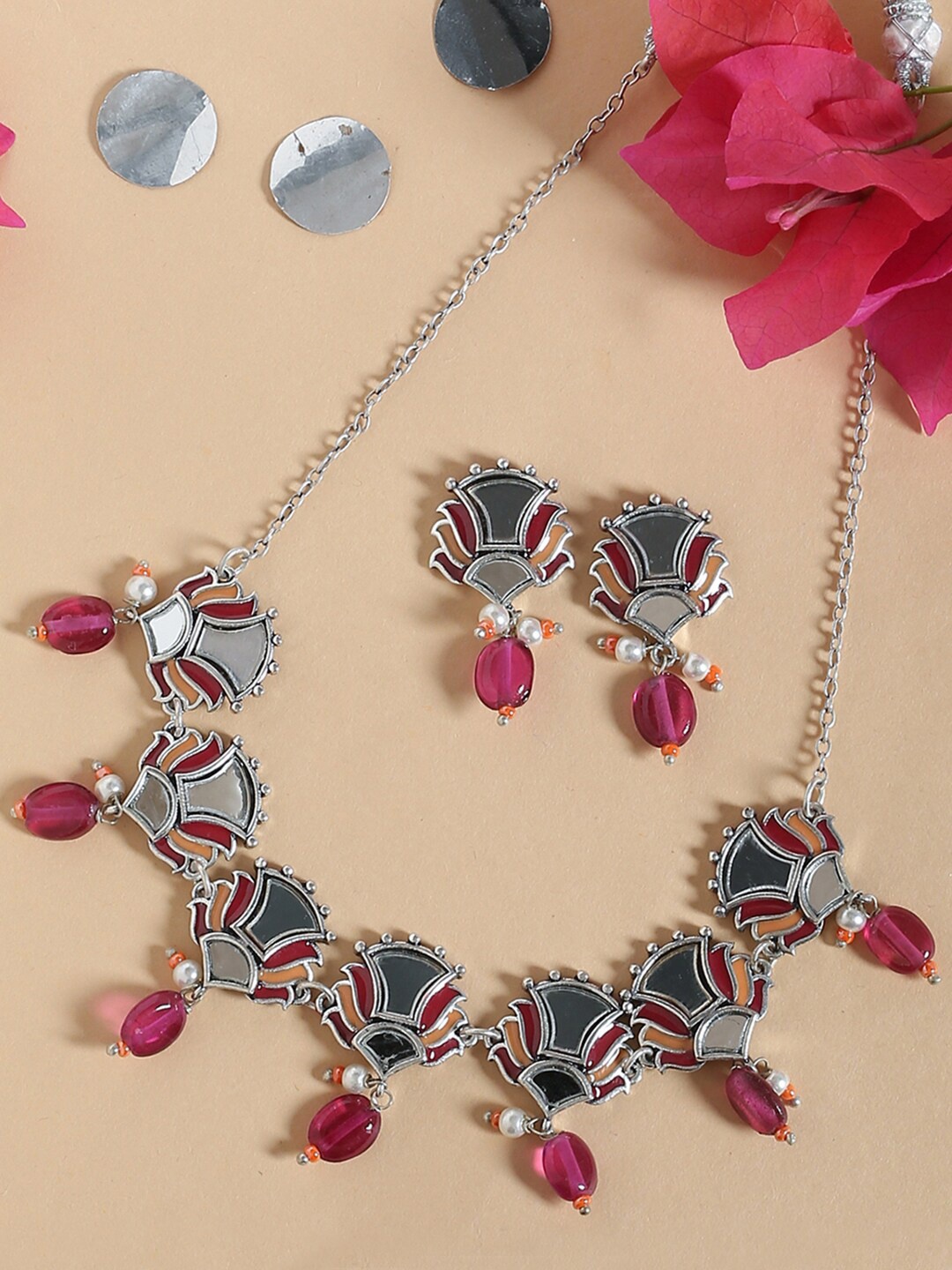 

Voylla Silver-Plated Pink Beaded & Mirror Embellished Jewellery Set