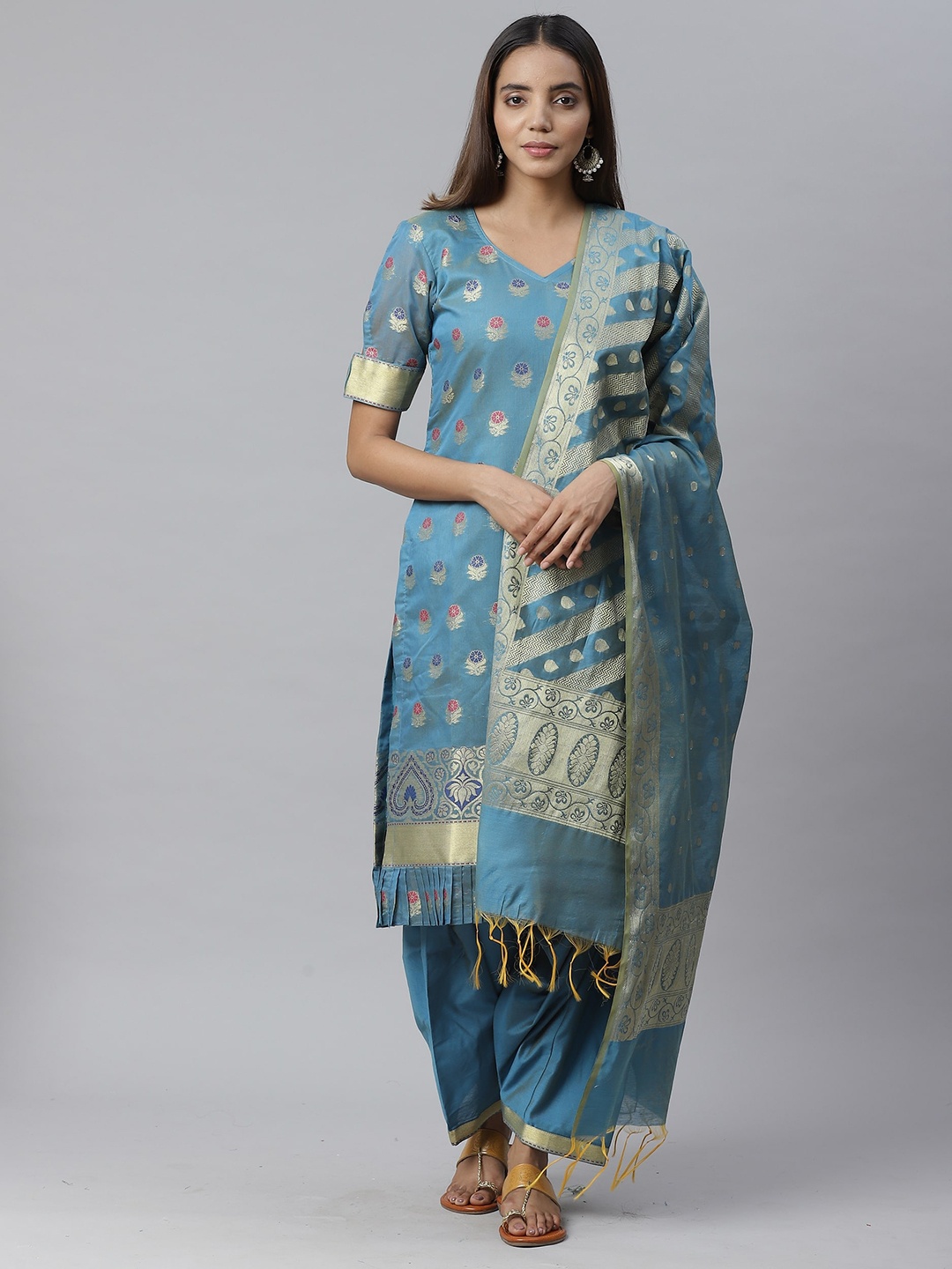 

Chhabra 555 Women Blue Woven Design Handloom Chanderi Kurta with Patiala & Dupatta