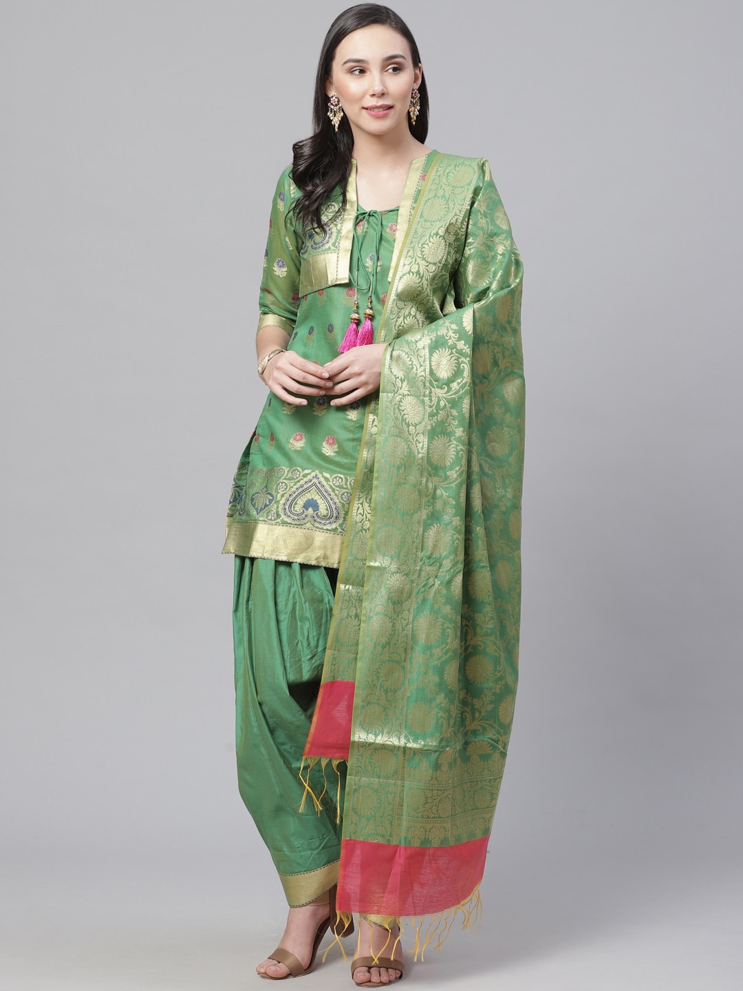

Chhabra 555 Women Green Woven Design Handloom Chanderi Kurti with Patiala & Dupatta