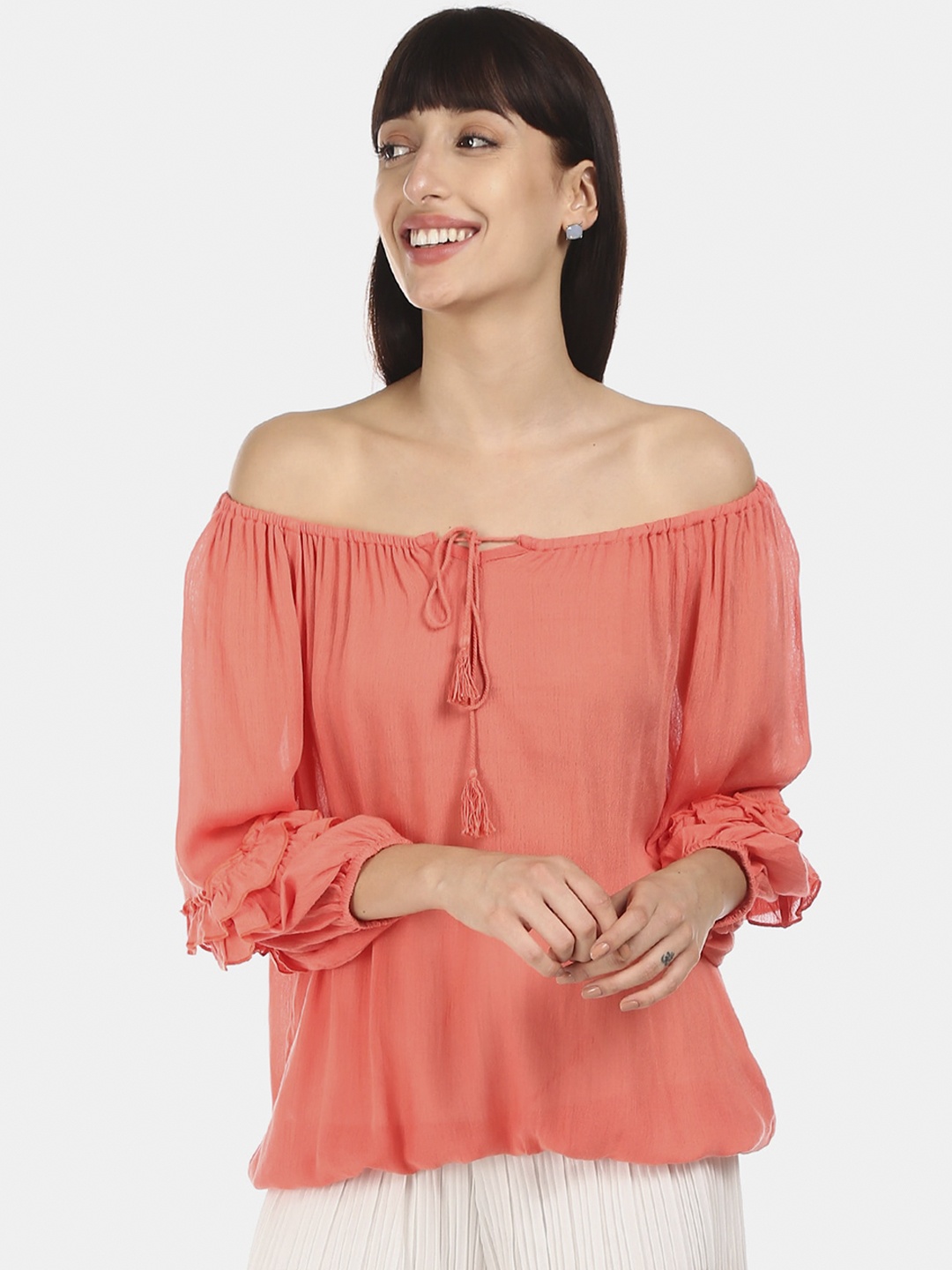 

Cherokee Women Coral Solid Bardot Top