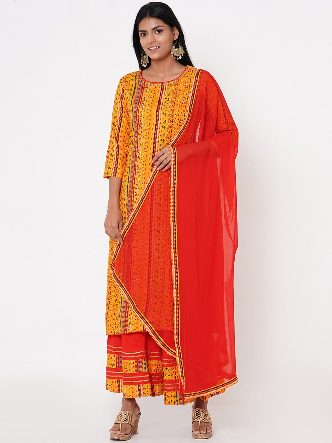 FASHOR Women Mustard & Red Printed Kurta with Churidar & Dupatta