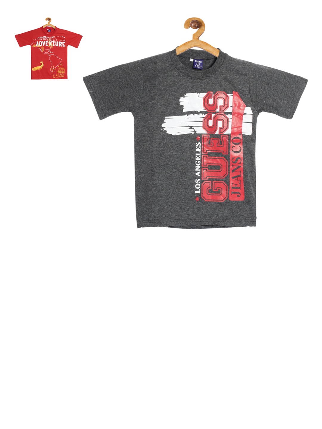 

SWEET ANGEL Boys Pack Of 2 Red Grey Printed Round Neck Pure Cotton T-shirts