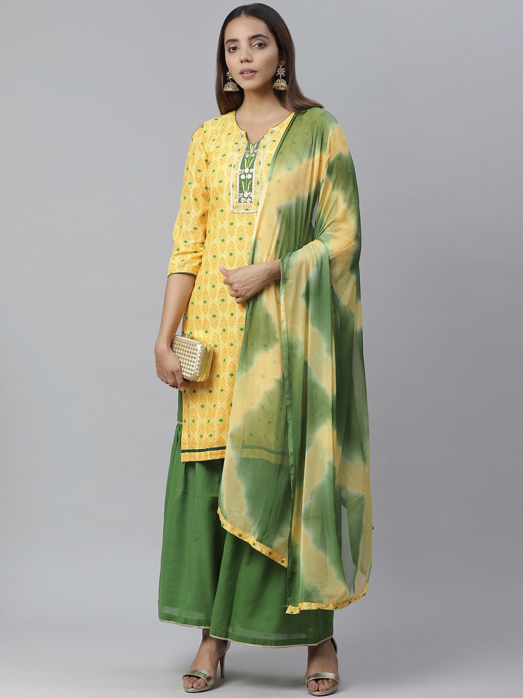 

Chhabra 555 Women Yellow & Green Printed Kurta with Sharara & Dupatta