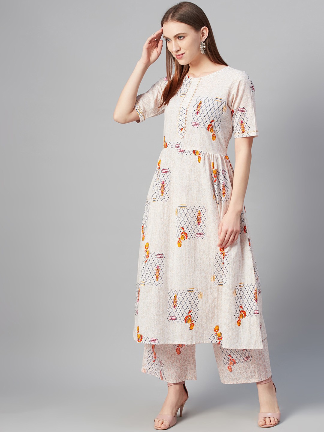 

ZIYAA Women Cream-Coloured Screen Printed A-Line Kurta