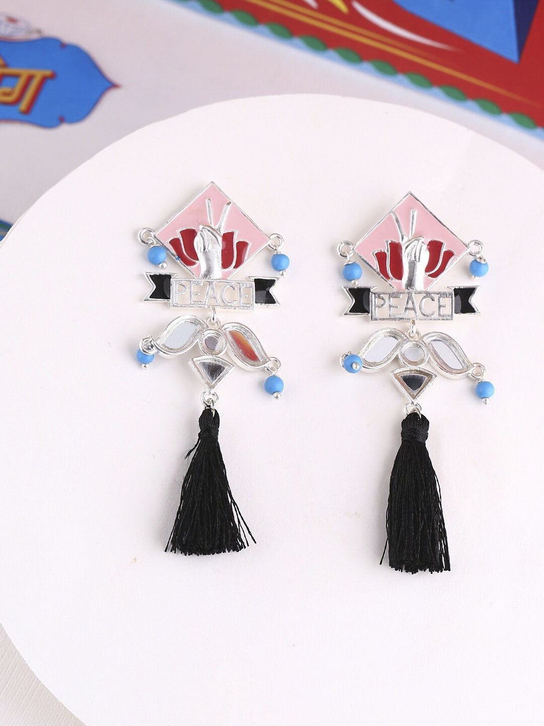 Voylla Silver-Toned & Black Contemporary Drop Earrings