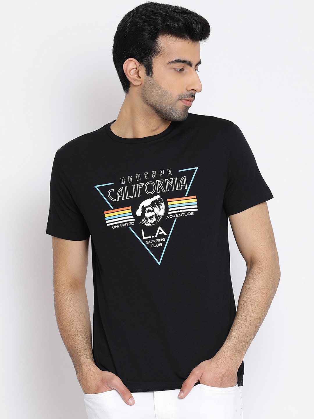 

Red Tape Men Black Printed Round Neck Pure Cotton T-shirt