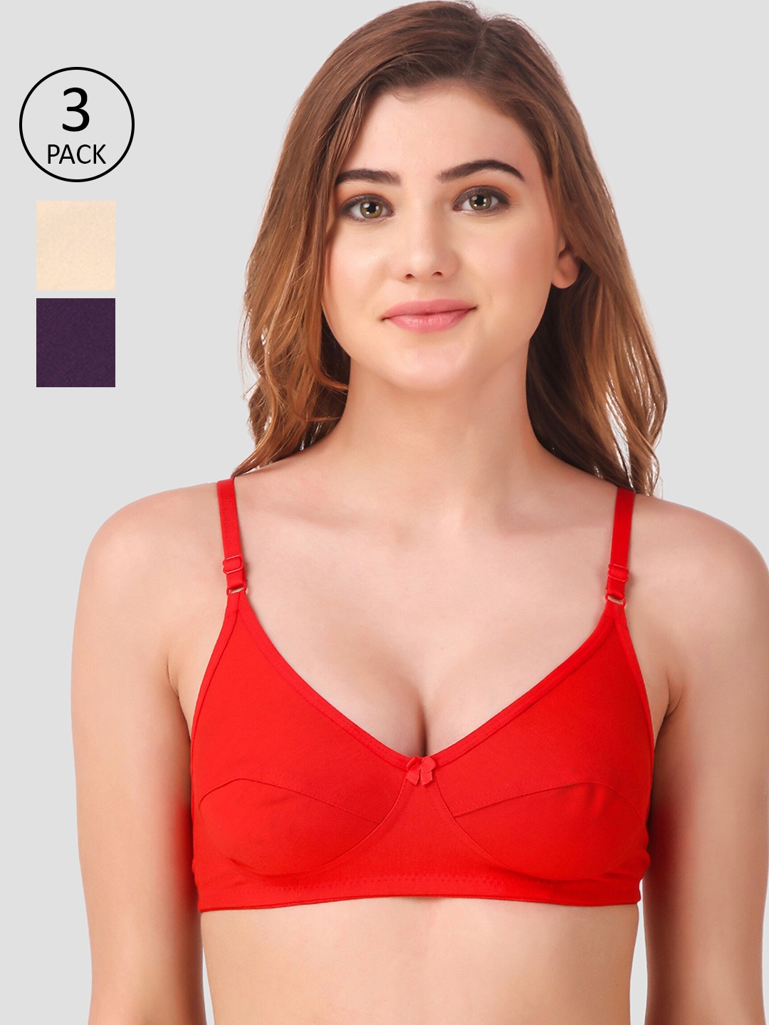 

Fasense Pack Of 3 Solid Non-Padded Non-Wired Everyday Bras BVCOM0, Red