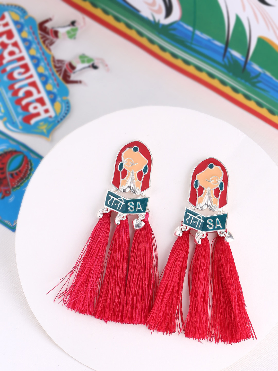 

Voylla Silver-Toned & Red Contemporary Drop Earrings