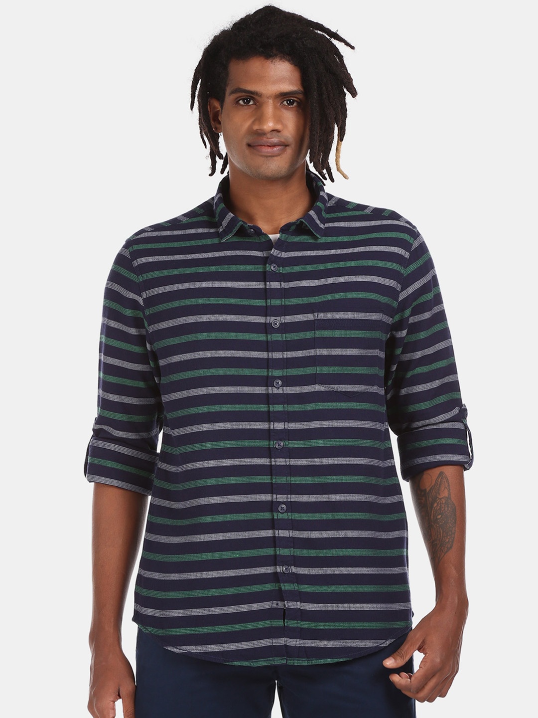 

Cherokee Men Navy Blue & Green Regular Fit Striped Cotton Casual Shirt