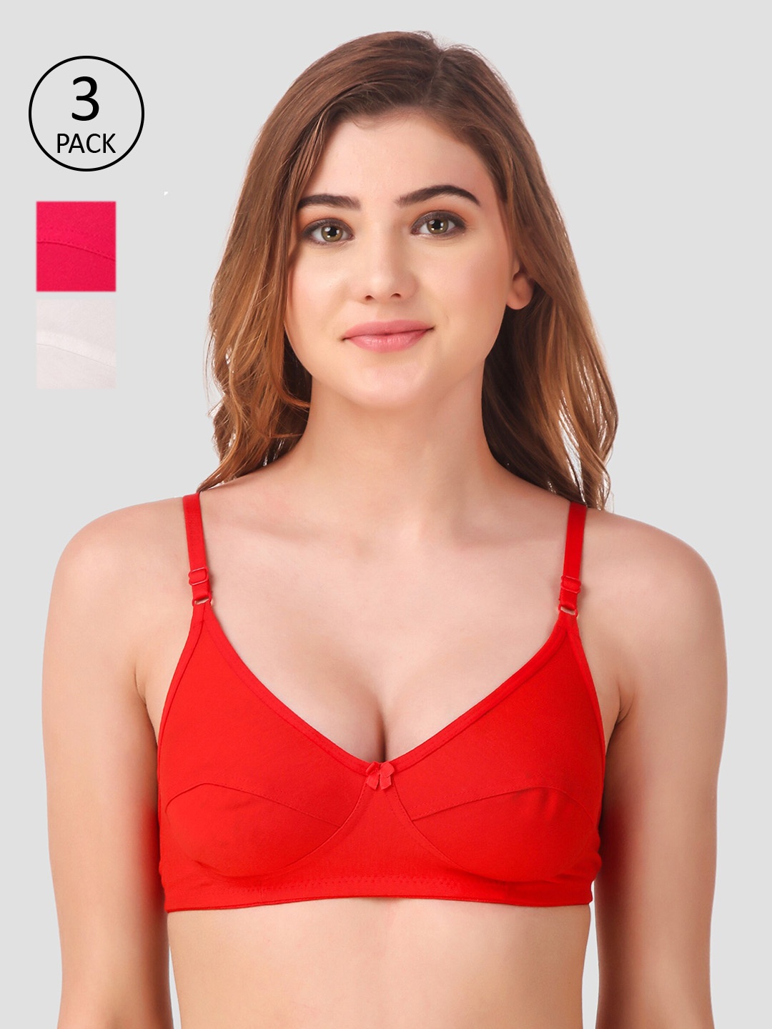 

Fasense Pack Of 3 Solid Non-Wired Non-Padded Everyday Bras BVCOM0, Red