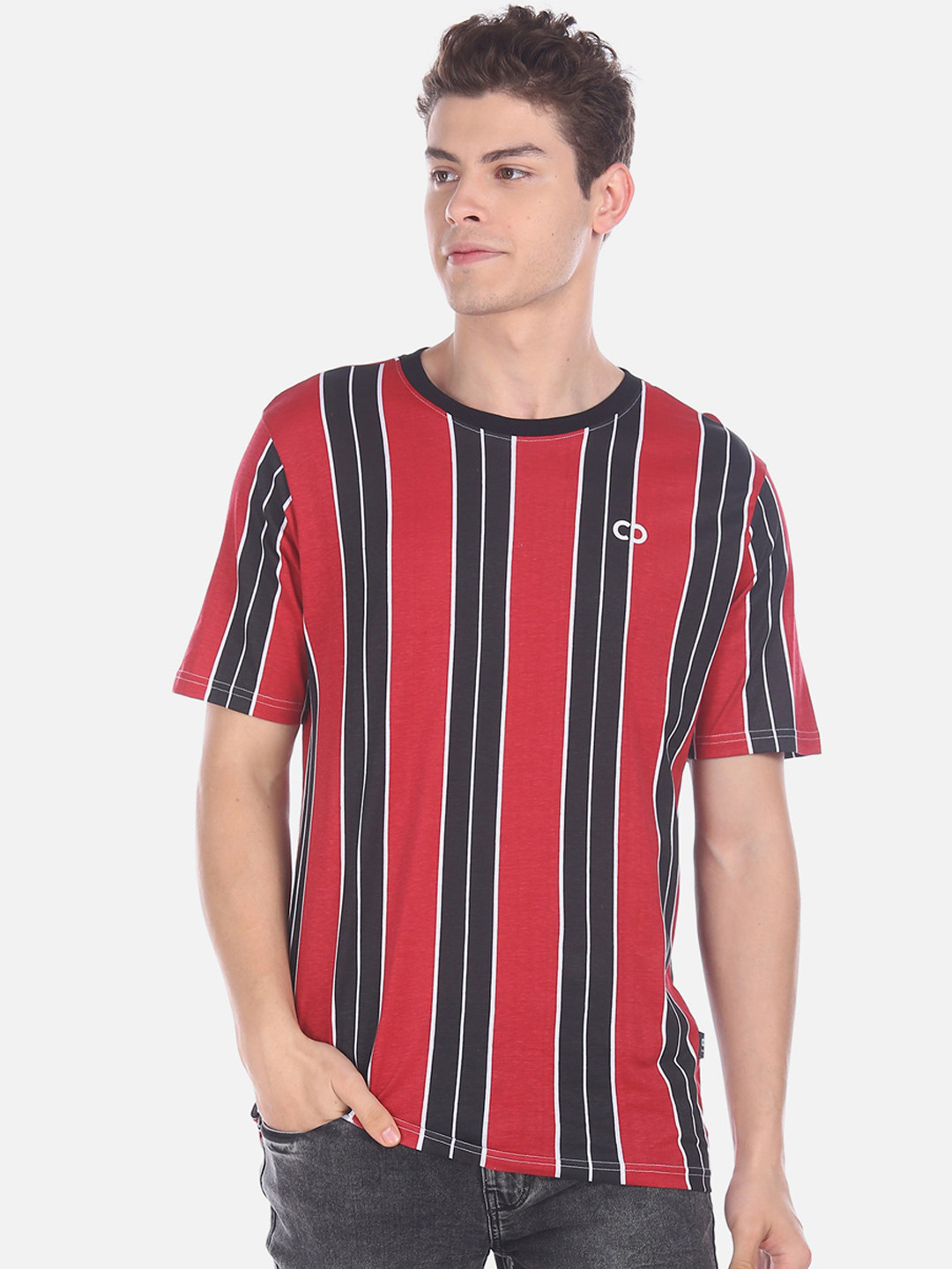 

Colt Men Red Navy Blue Striped Round Neck Pure Cotton T-shirt