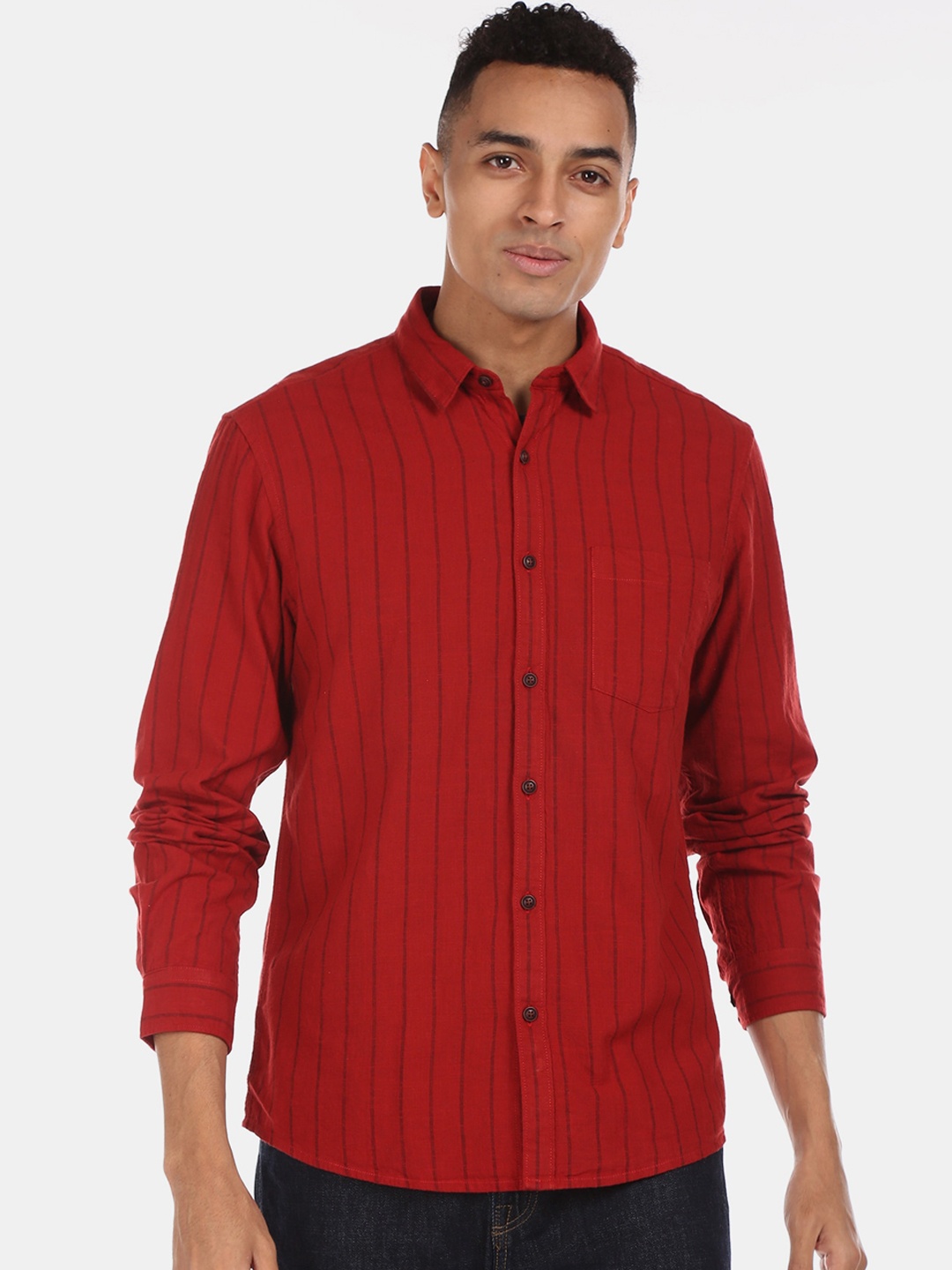 

Ruggers Men Red & Grey Regular Fit Striped Casual Shirt