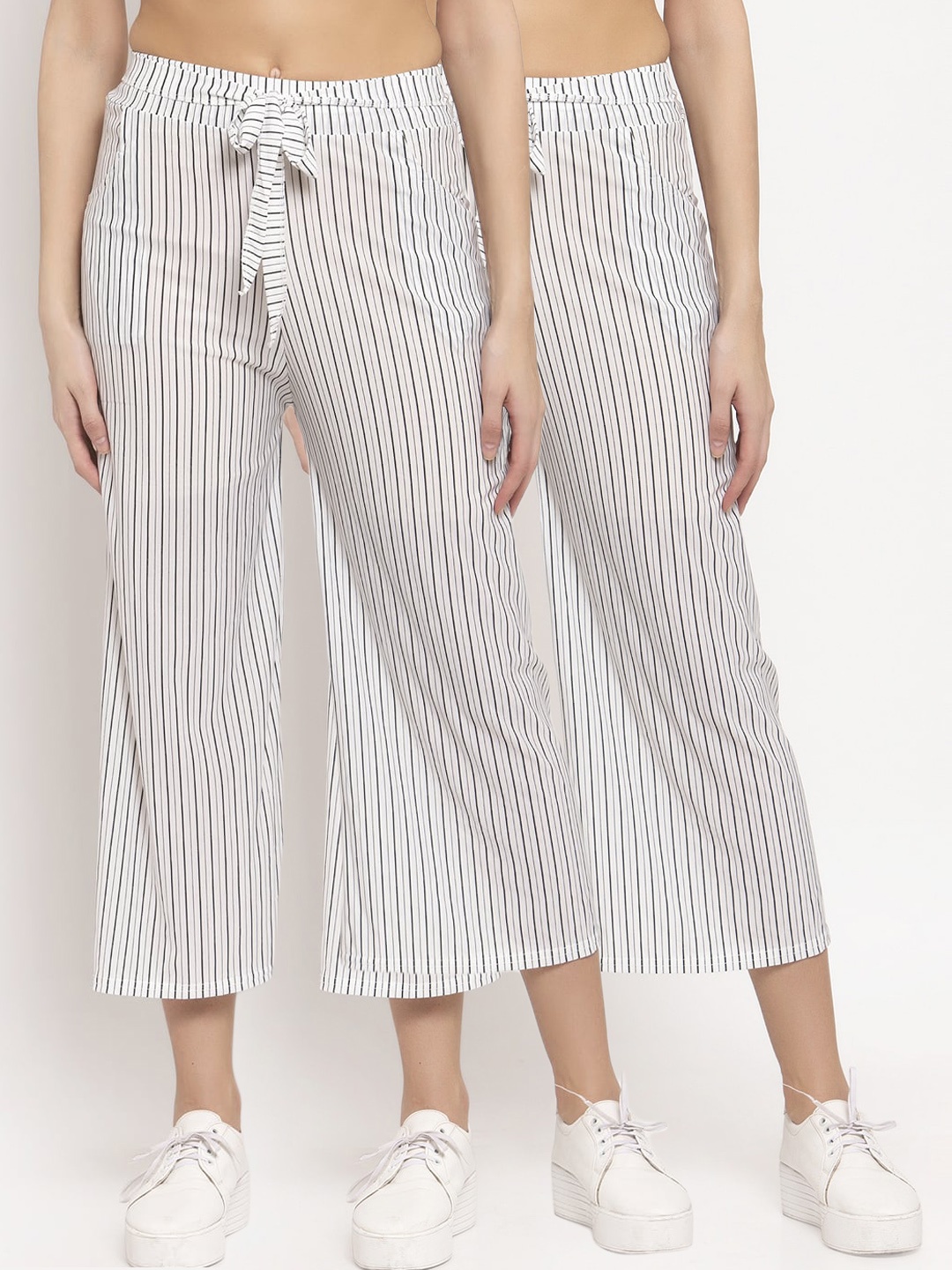 

KLOTTHE Women Pack Of 2 White & Black Striped Wide Leg Palazzos