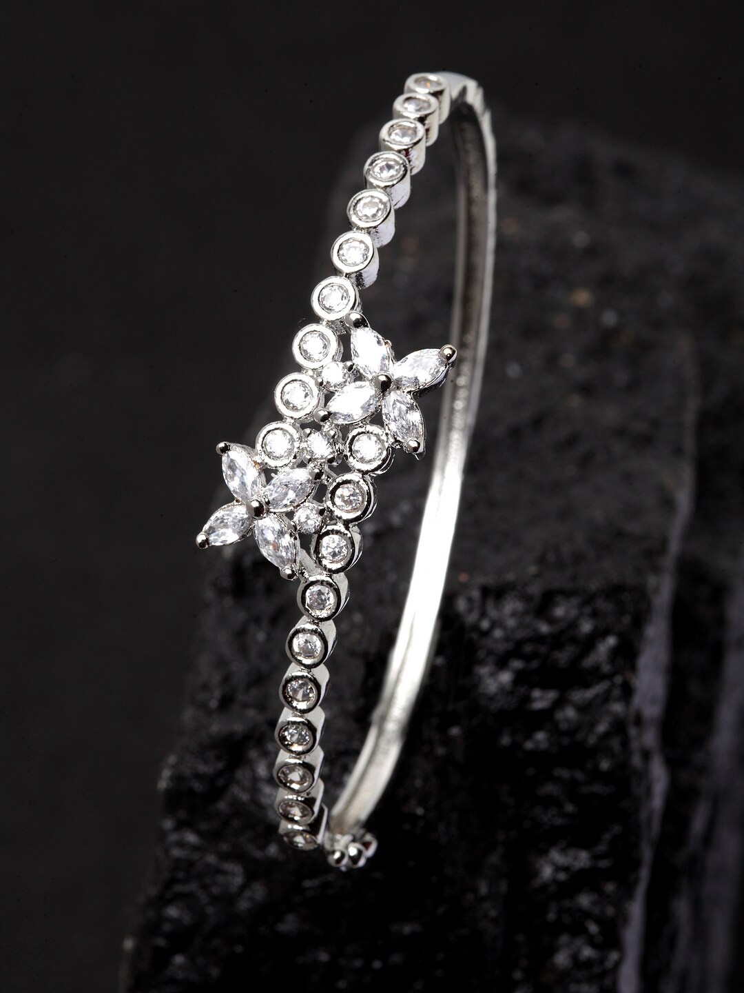 

ANIKAS CREATION Silver-Plated & White American Diamond Studded Handcrafted Bangle Style Bracelet