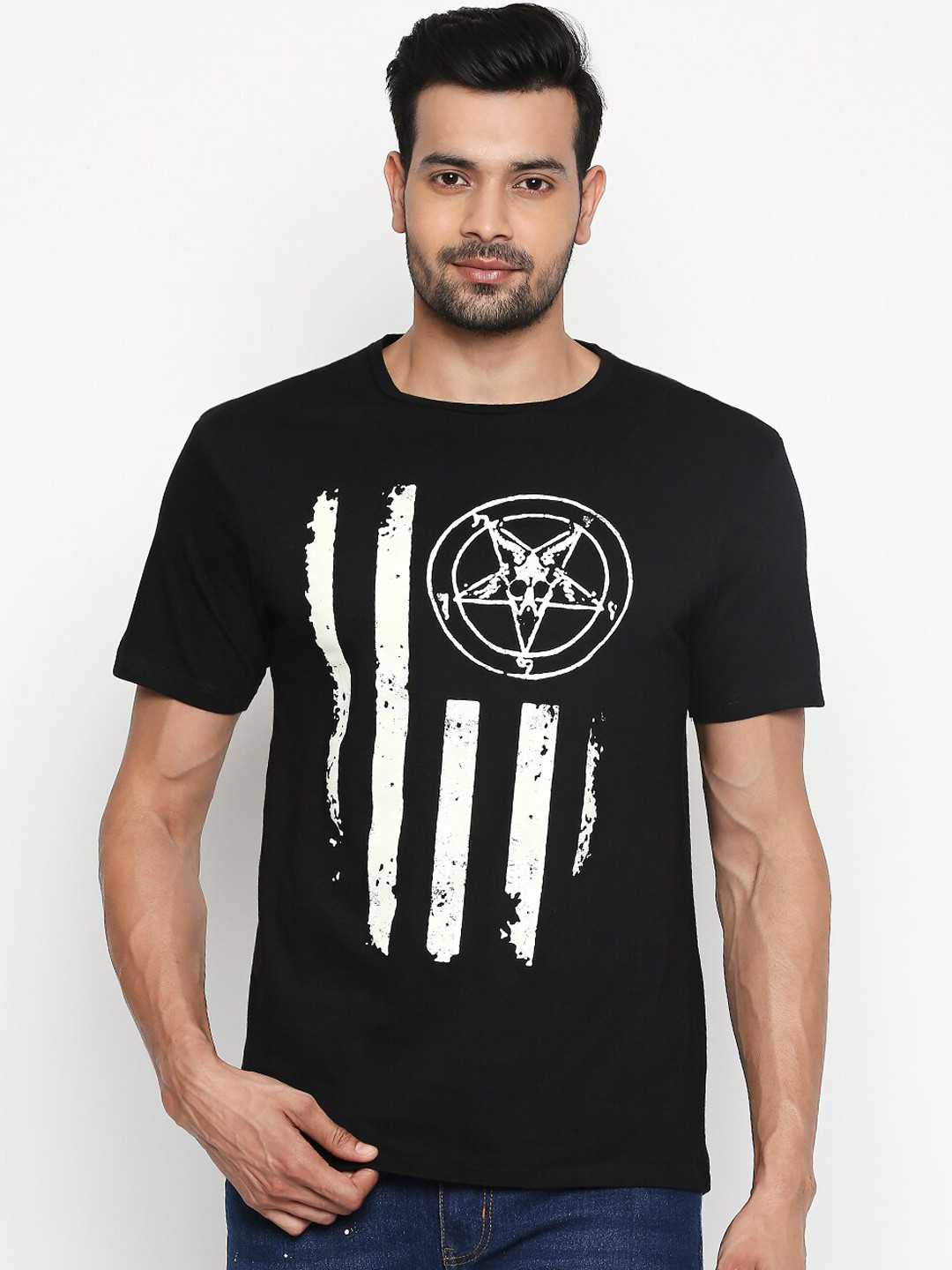 

People Men Black Printed Round Neck Pure Cotton T-shirt