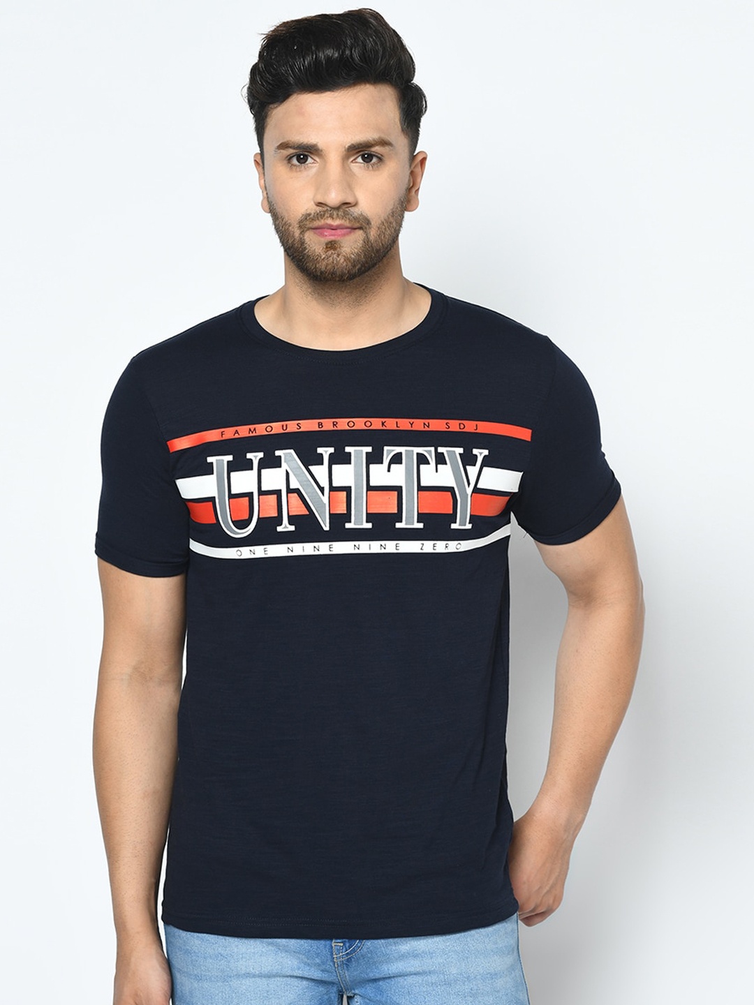 

Duke Men Blue Printed Round Neck Cotton T-shirt
