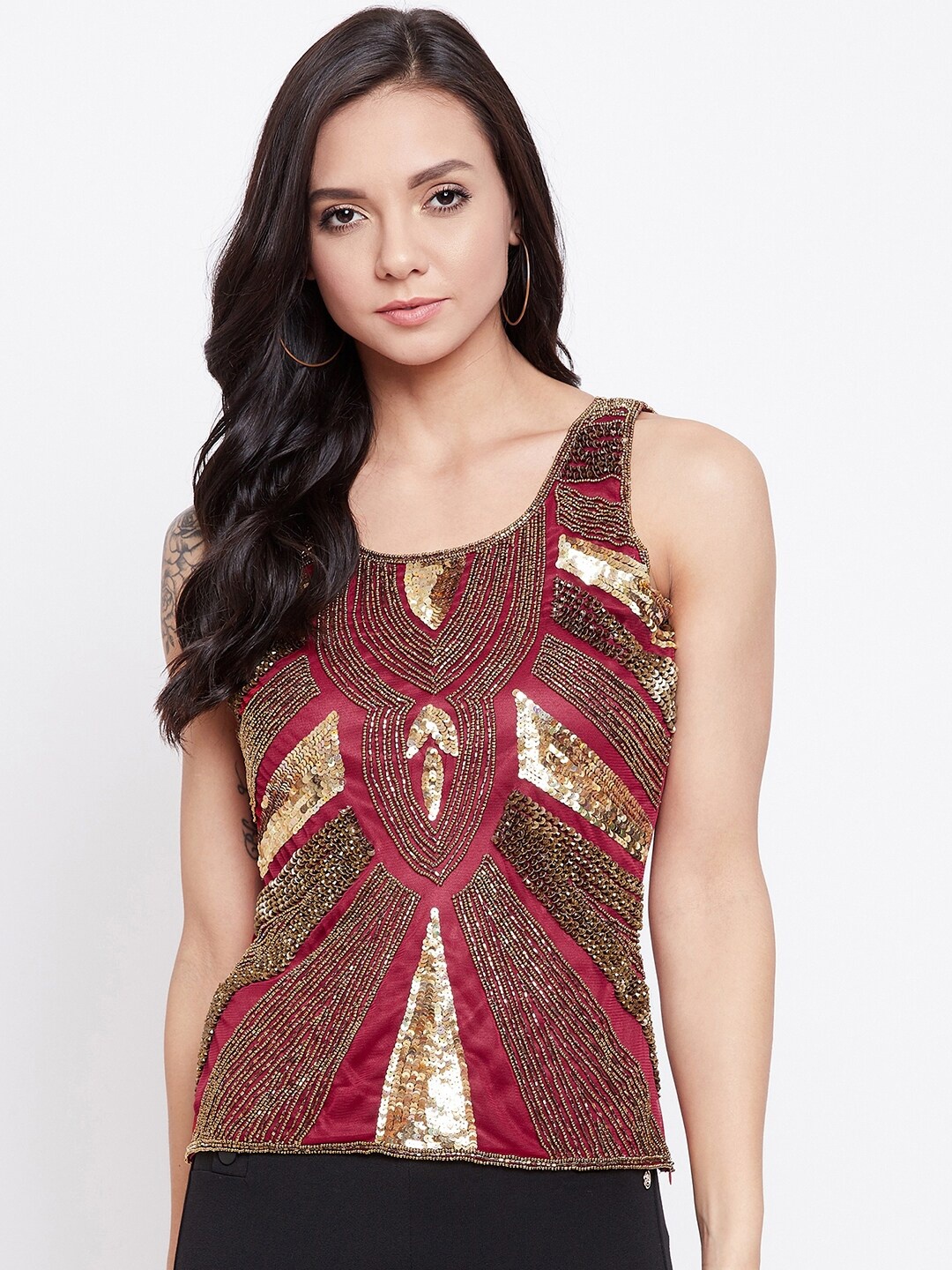 

LE BOURGEOIS Women Maroon & Gold-Coloured Sequin Embellished Top
