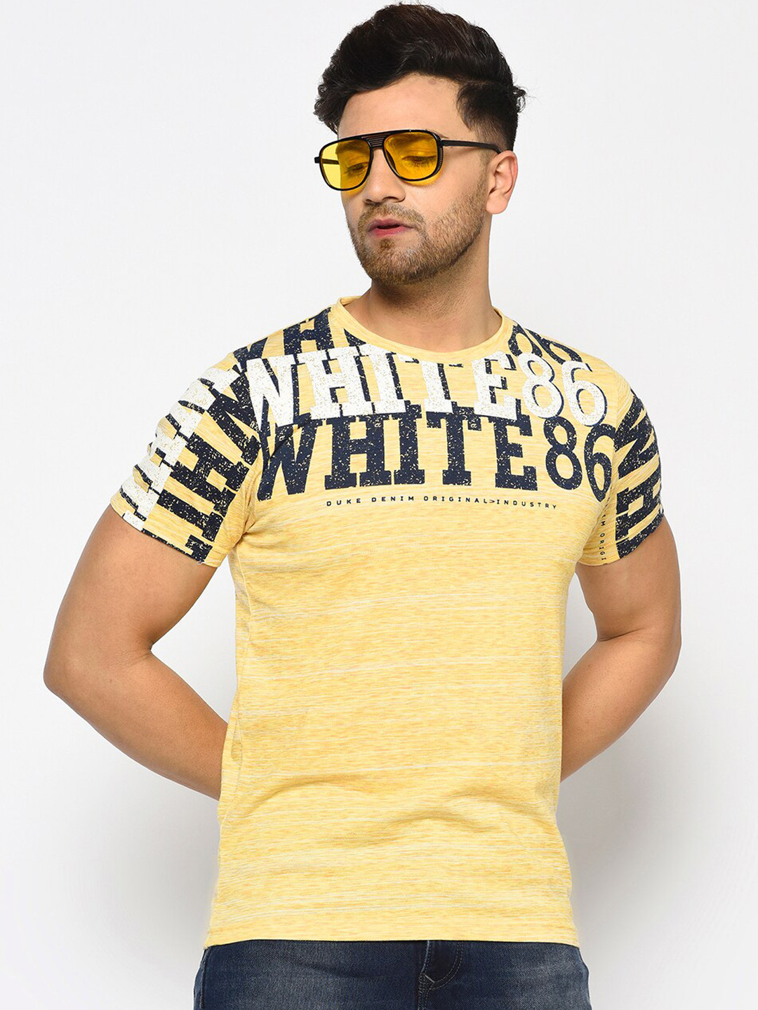 

Duke Men Yellow & Black Printed Round Neck T-shirt