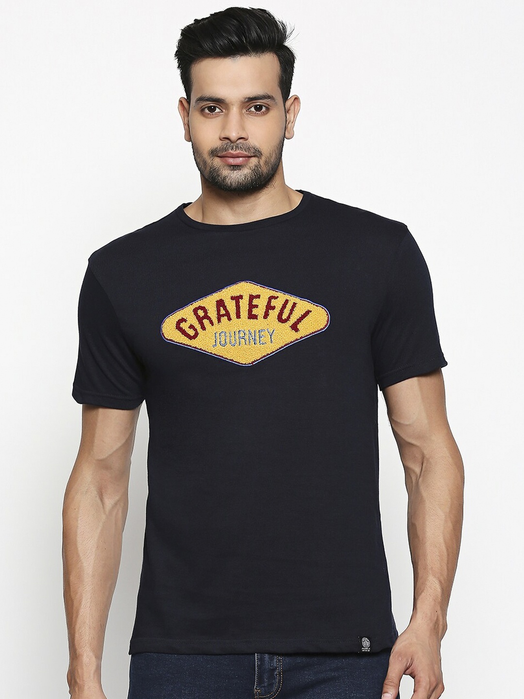 

People Men Navy Blue Self Design Round Neck Pure Cotton T-shirt