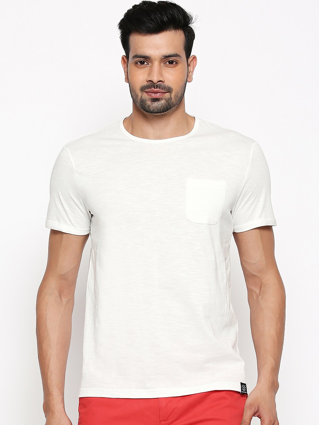 

People Men Off-White Solid Round Neck T-shirt