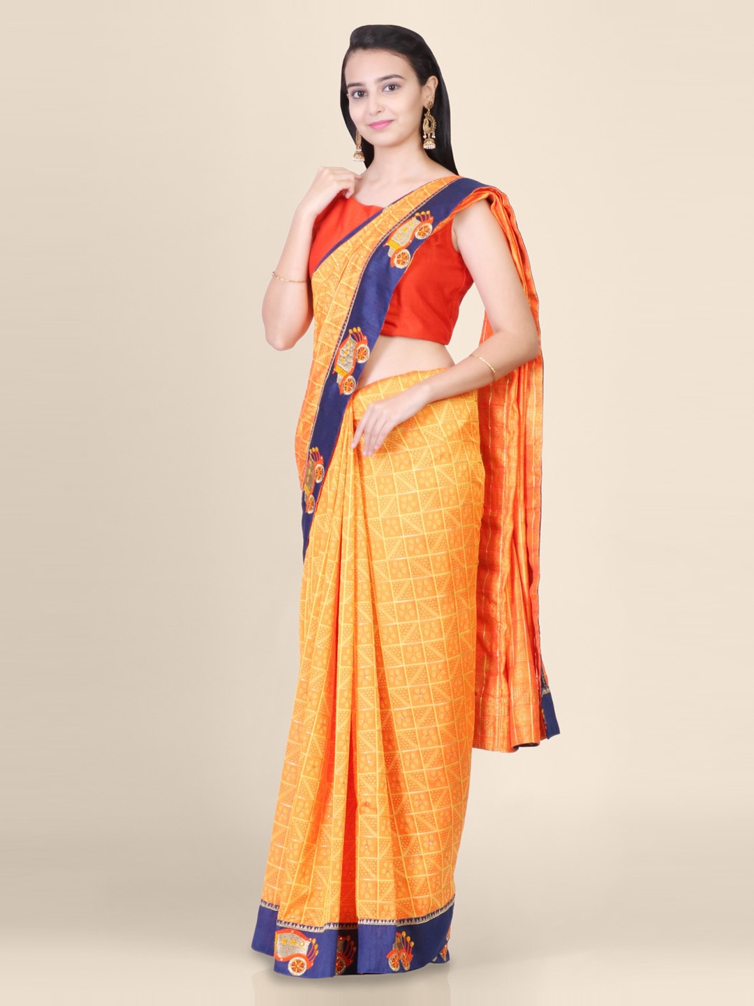 

Hastakala Orange Jute Silk Printed Handloom Kota Saree