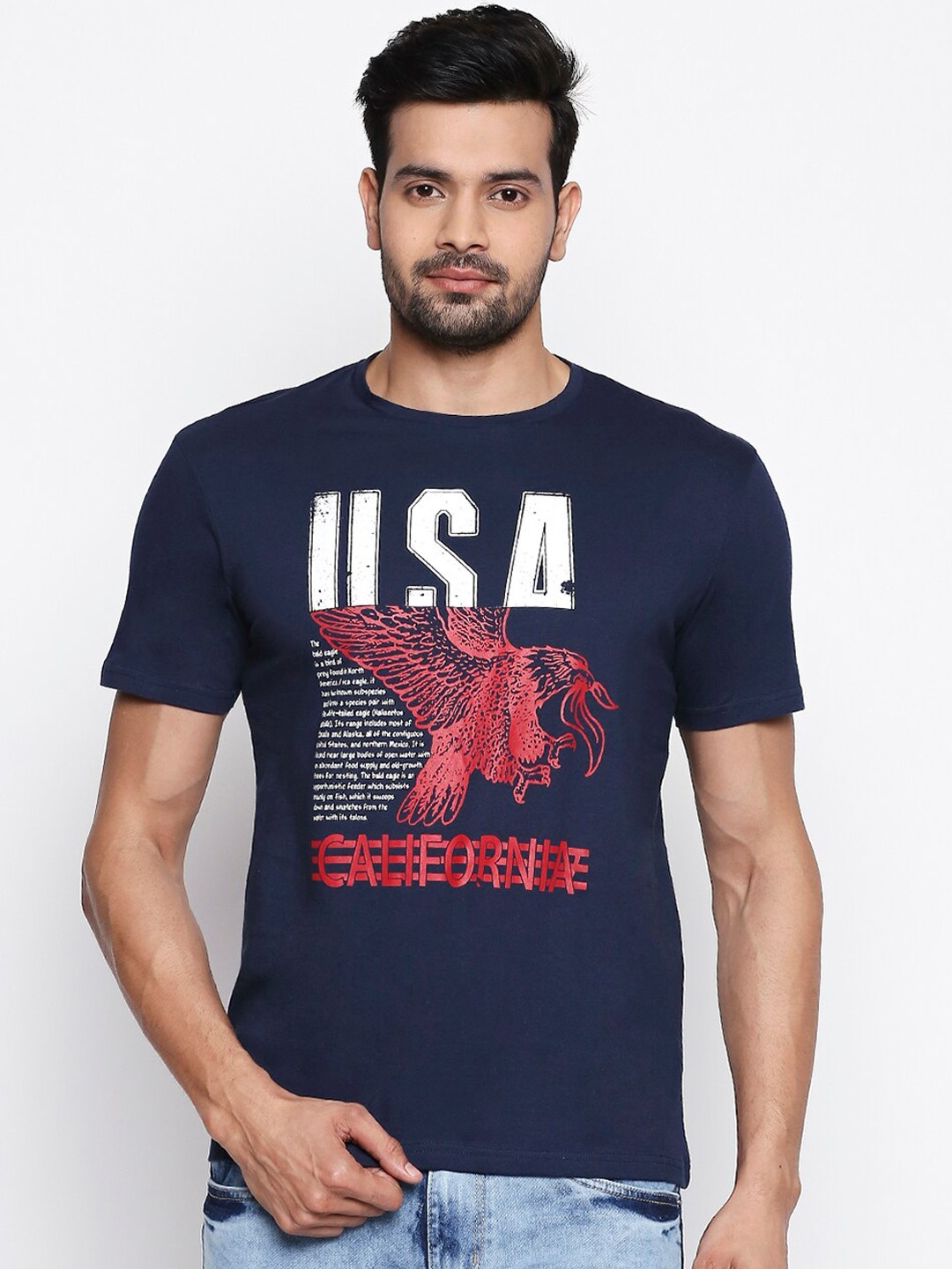 

People Men Navy Blue Printed Round Neck Pure Cotton T-shirt