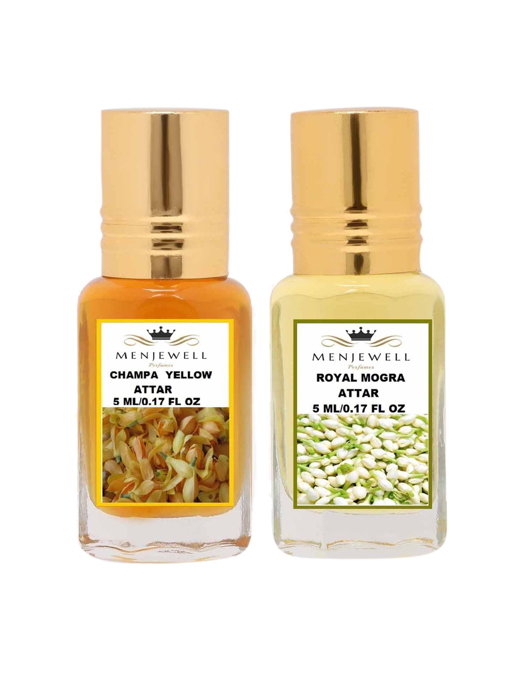 

Menjewell Set Of 2 Champa Yellow & Royal Mogra Natural Attar 10ml, Transparent