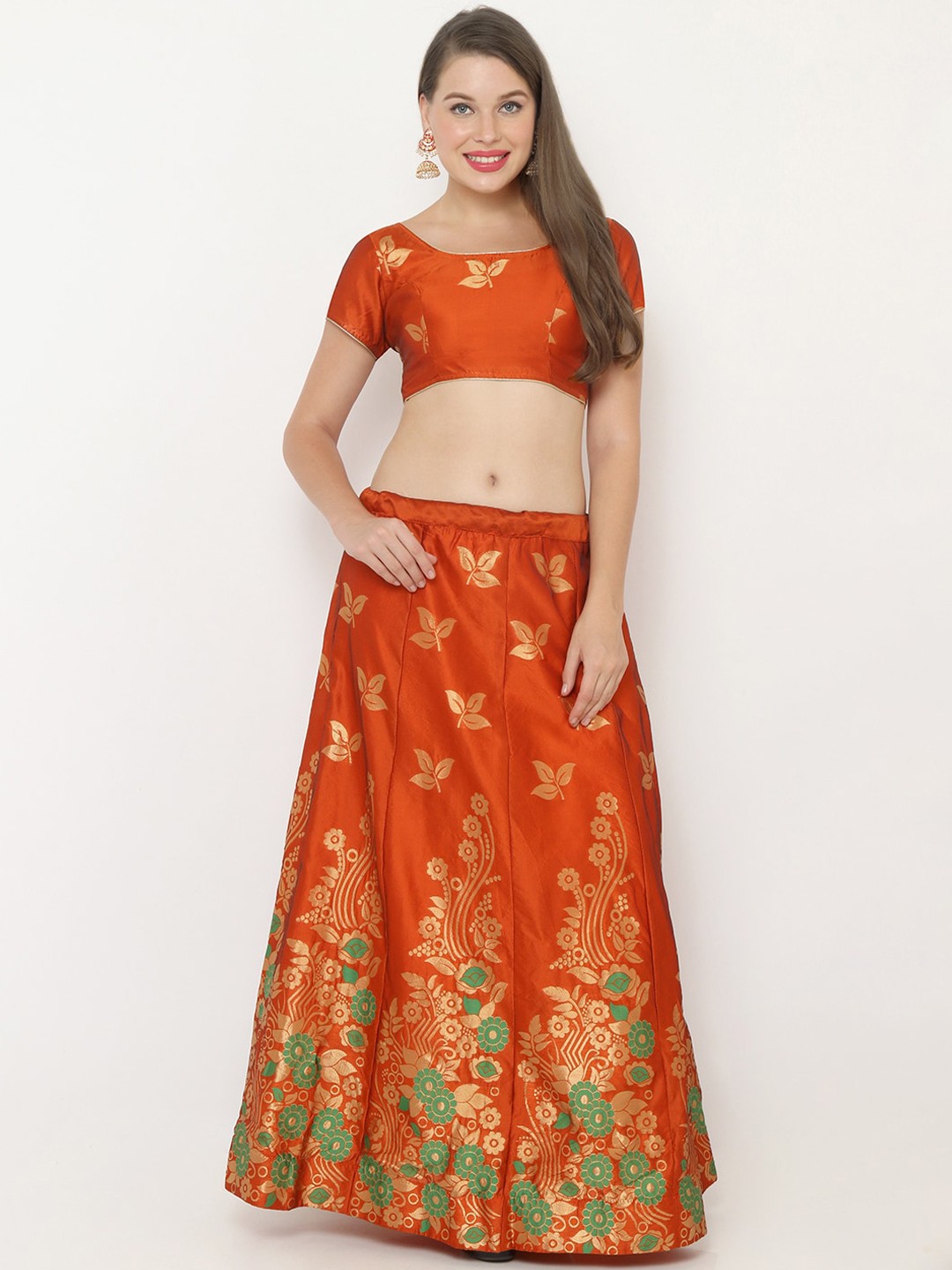 

SALWAR STUDIO Women Orange & Gold-Coloured Woven Design Semi-Stitched Lehenga & Unstitched Blouse