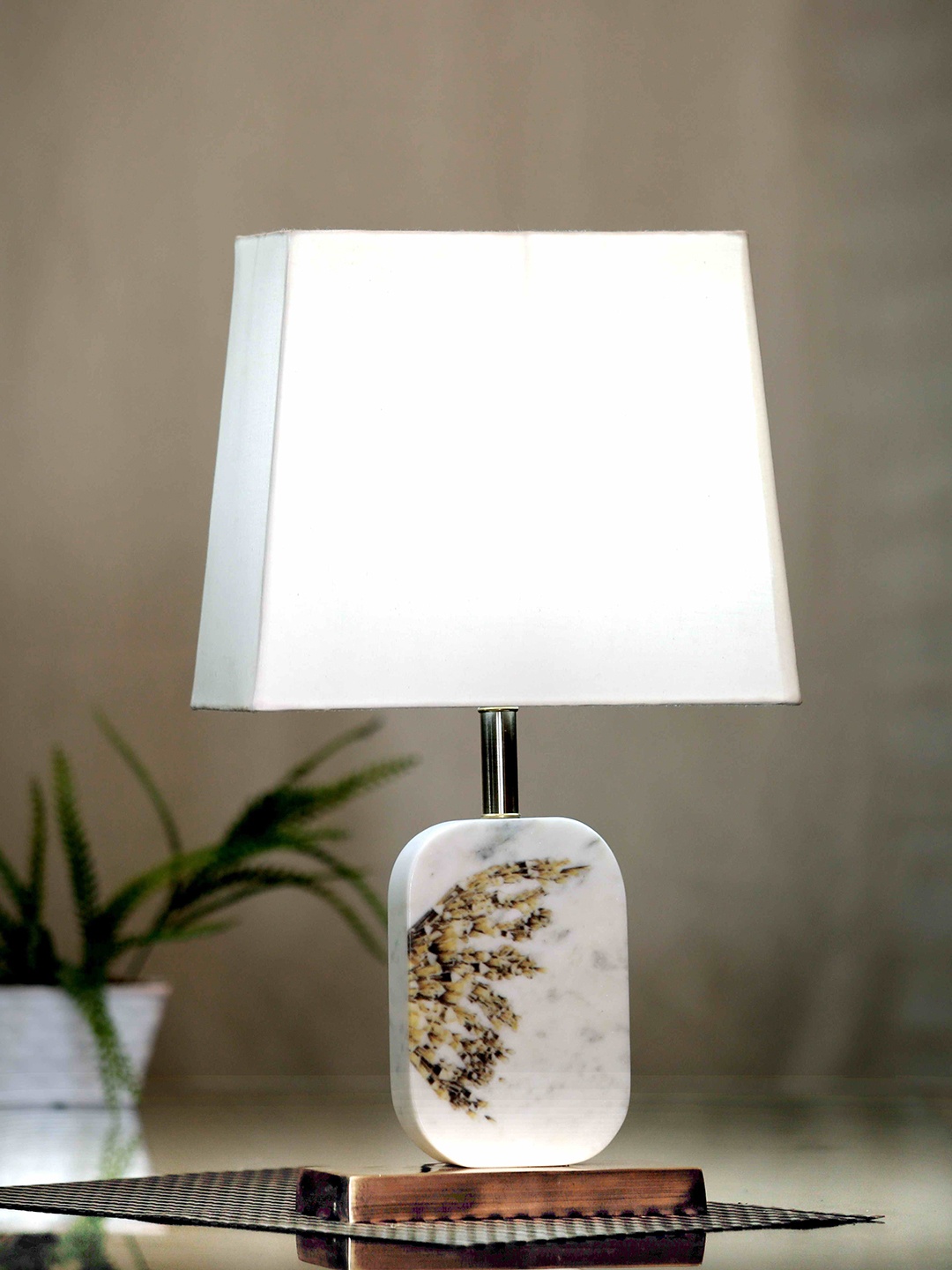 

POSH-N-PLUSH White & Brown Printed Bedside Standard Lamp