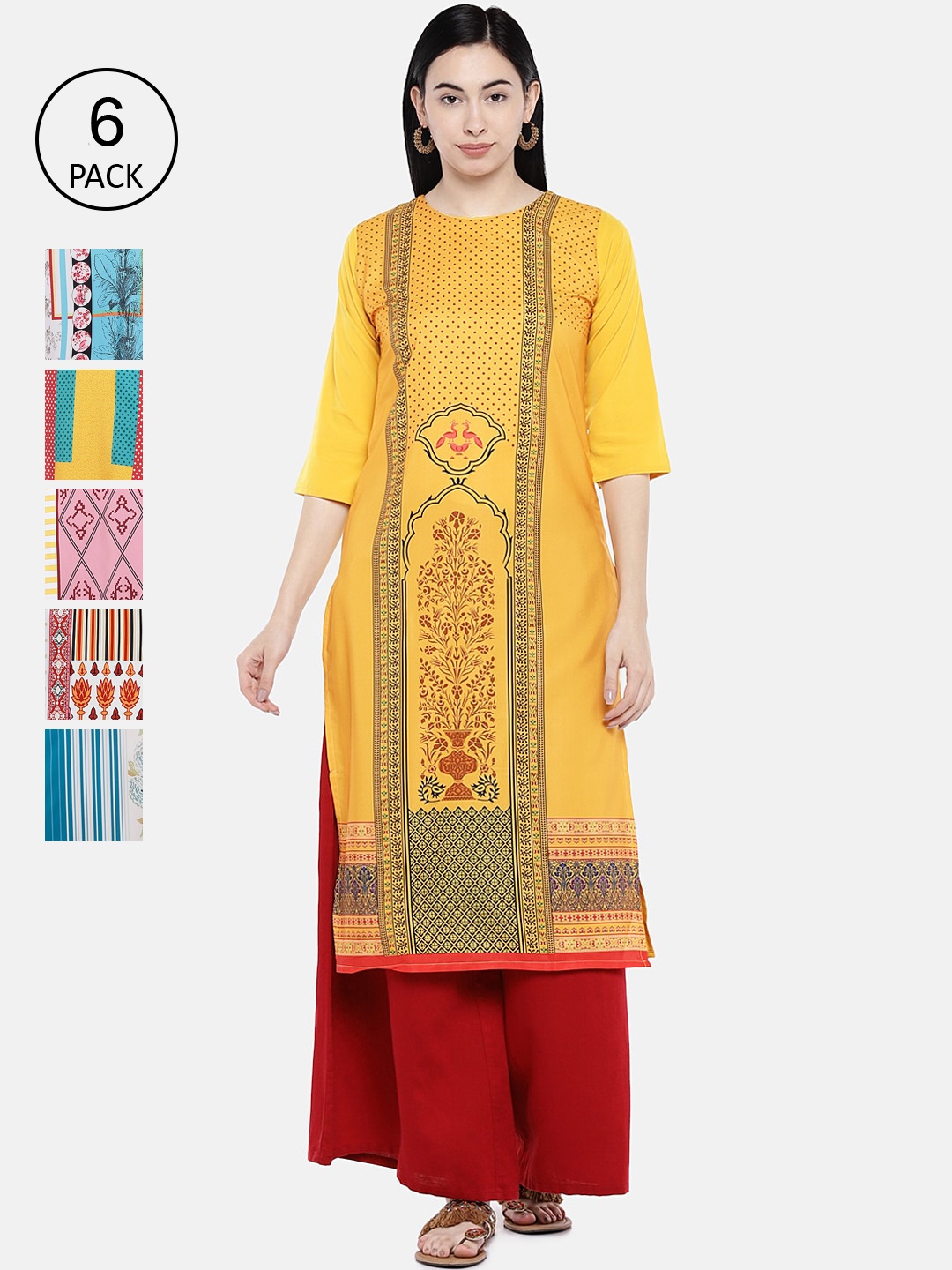 

7Threads Women Multicoloured Pack of 6 Printed Straight Kurtas, Multi