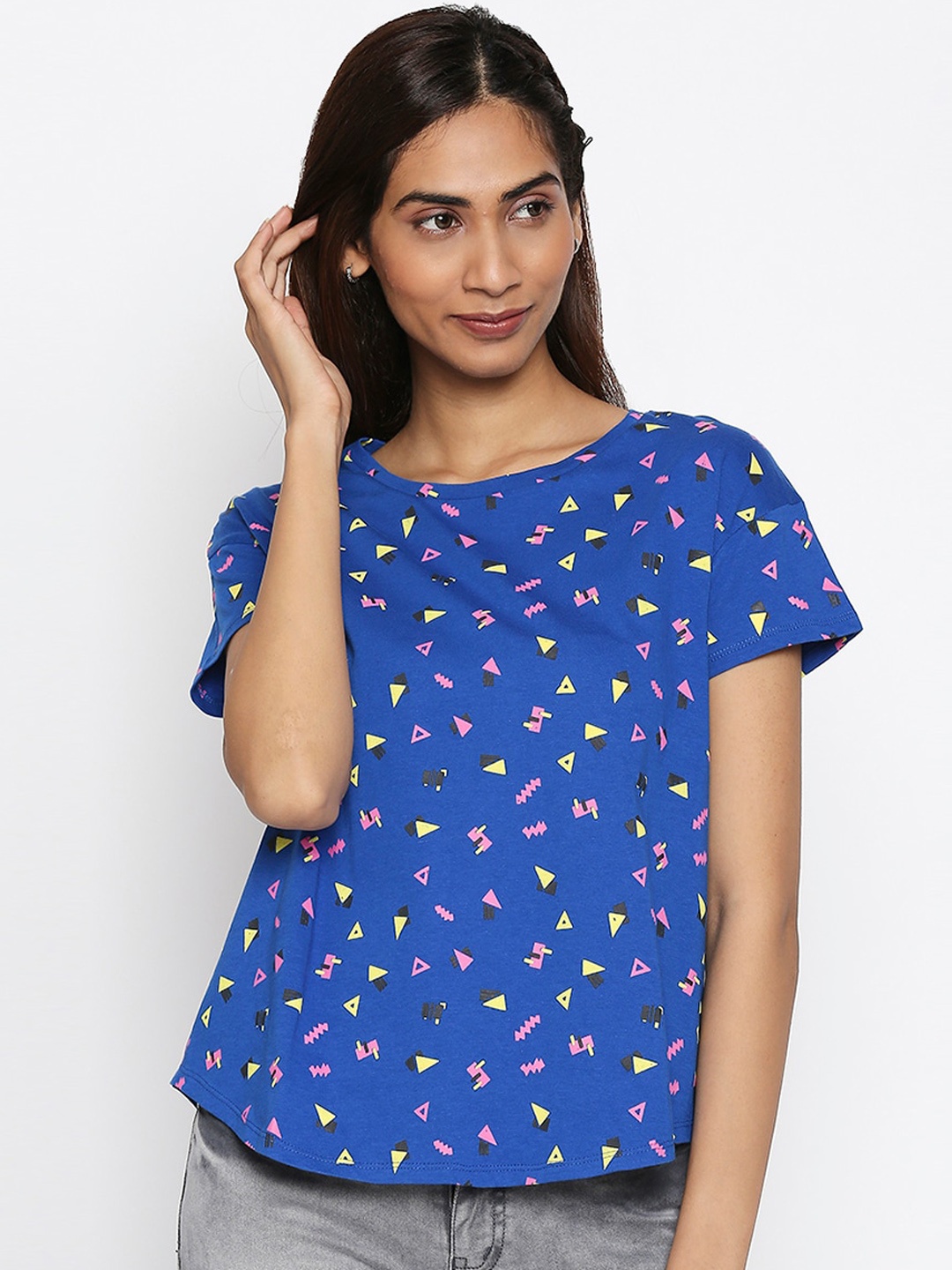 

People Women Blue Printed Top