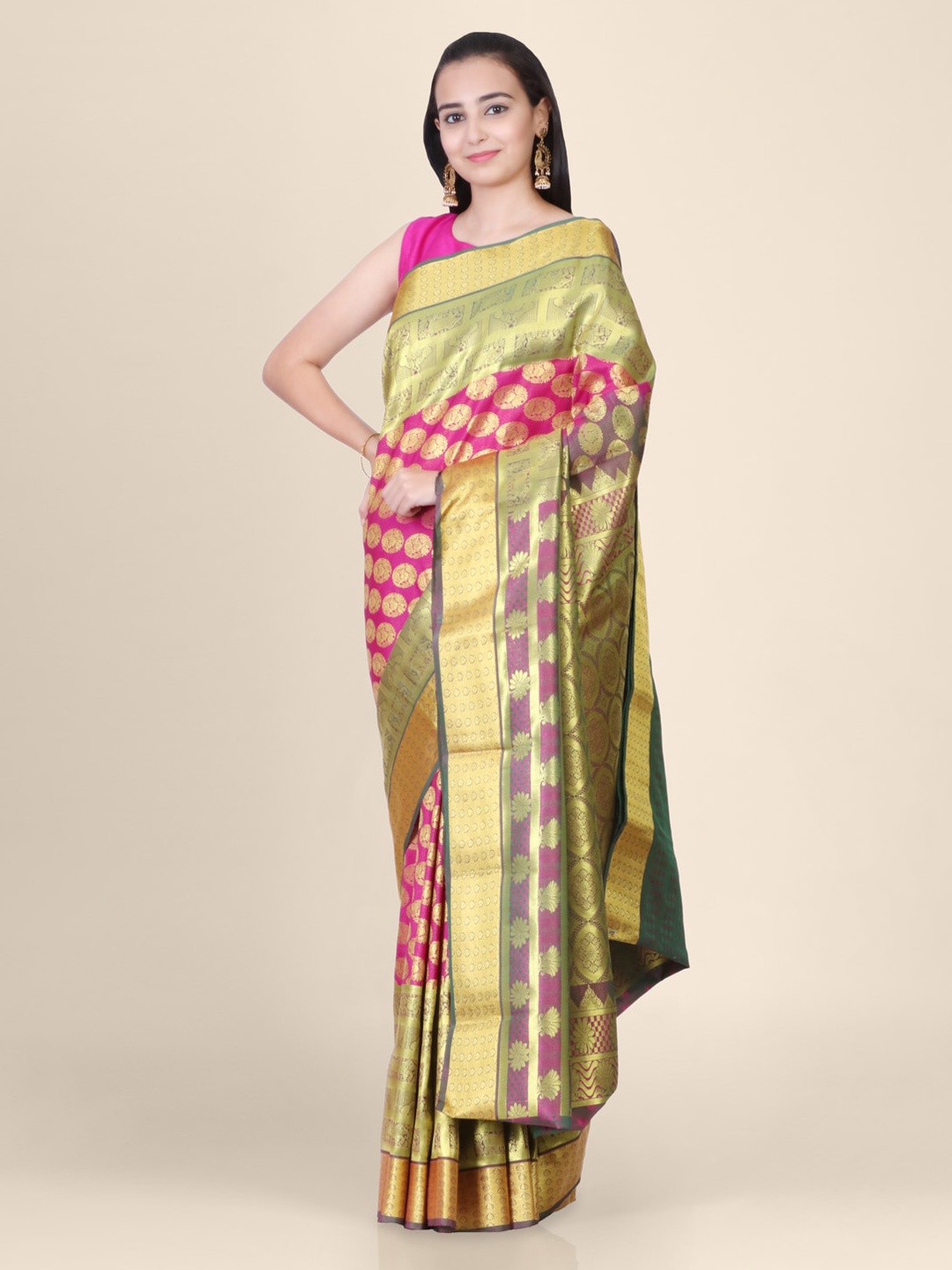 

Hastakala Pink & Gold-Toned Silk Blend Woven Design Handloom Kanjeevaram Saree