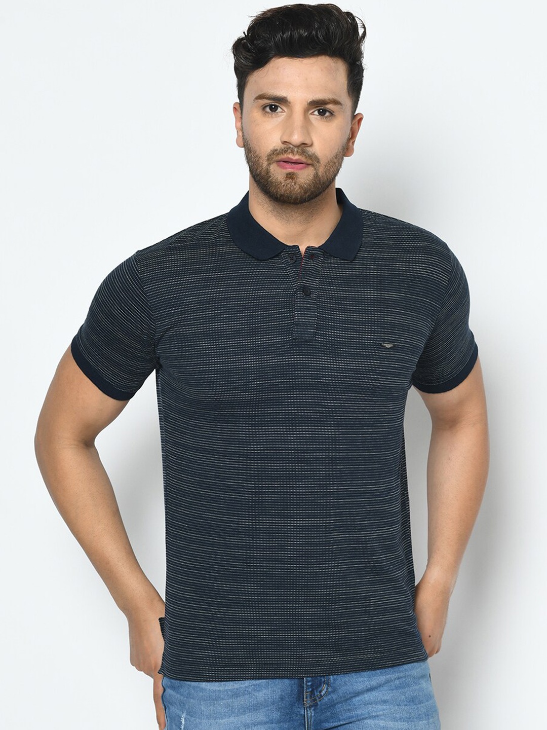 

Duke Men Blue Self Design Polo Collar Cotton T-shirt