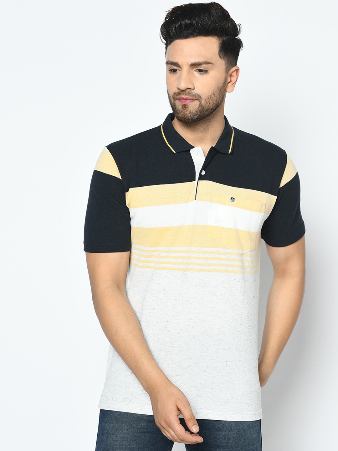 

Duke Men Blue Striped Polo Collar T-shirt