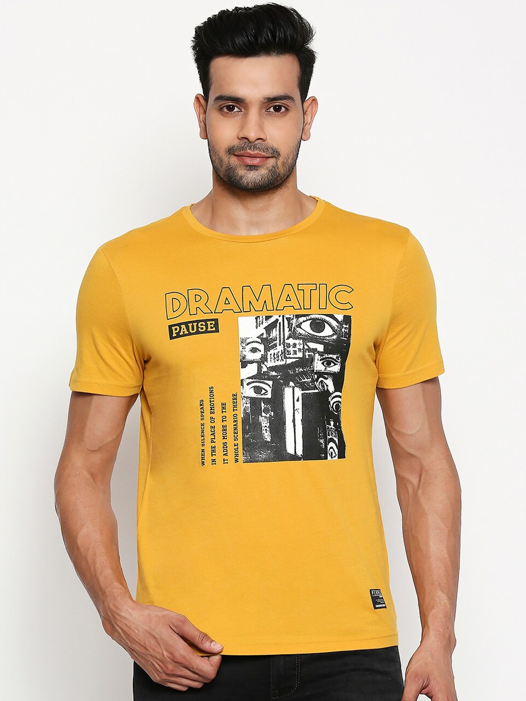 

People Men Mustard Printed Round Neck Pure Cotton T-shirt