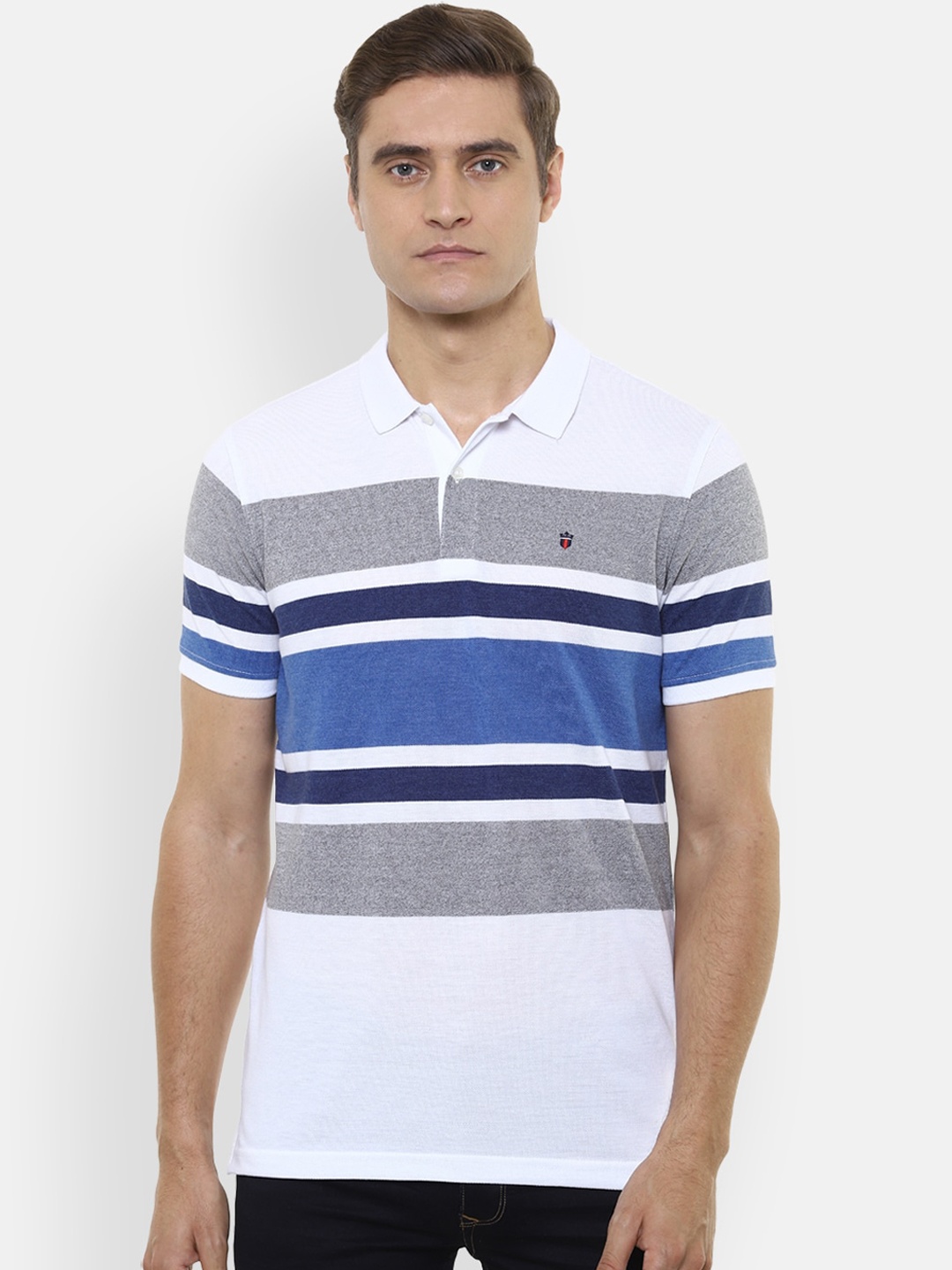 

Louis Philippe Sport Men White Striped Cotton Polo Collar Pure Cotton T-shirt