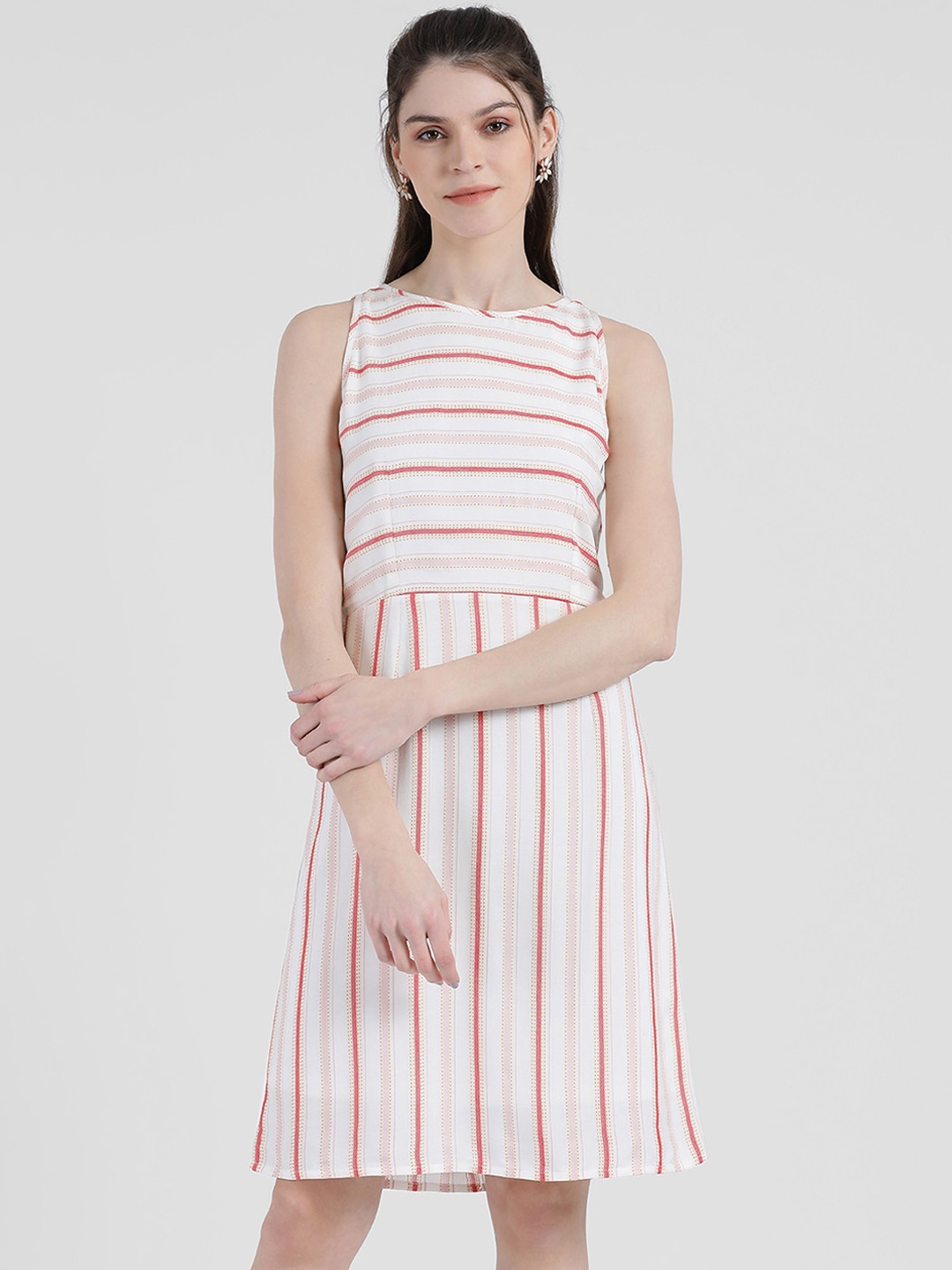 

Zink London Women Off-White & Brown Striped A-Line Dress