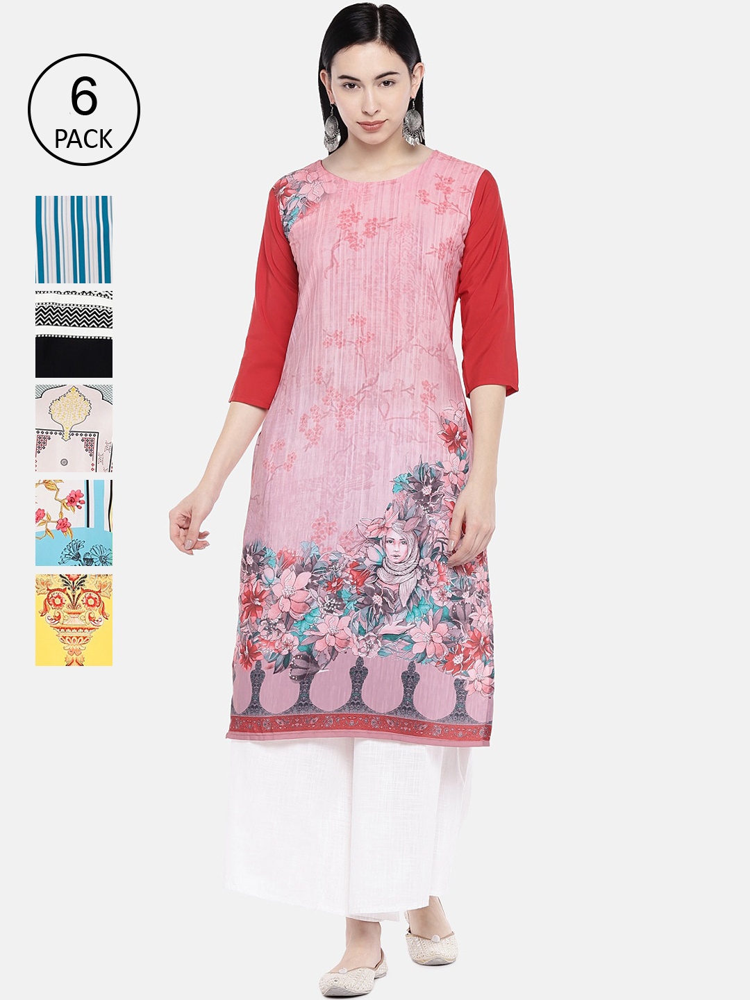 

7Threads Women Multicoloured Pack of 6 Printed Straight Kurtas, Multi