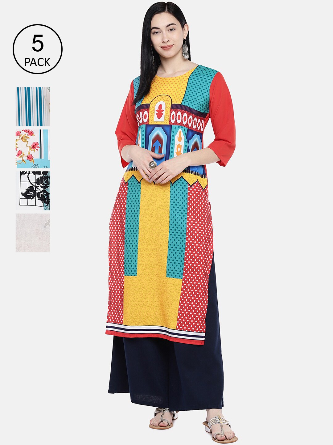 

7Threads Women Pack of 5 Multicoloured Printed Straight Kurtas, Multi