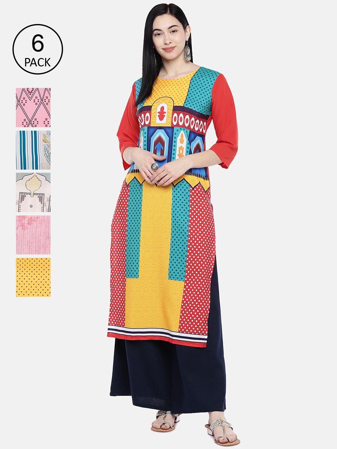 

7Threads Women Multicoloured Pack of 6 Printed Straight Kurtas, Multi
