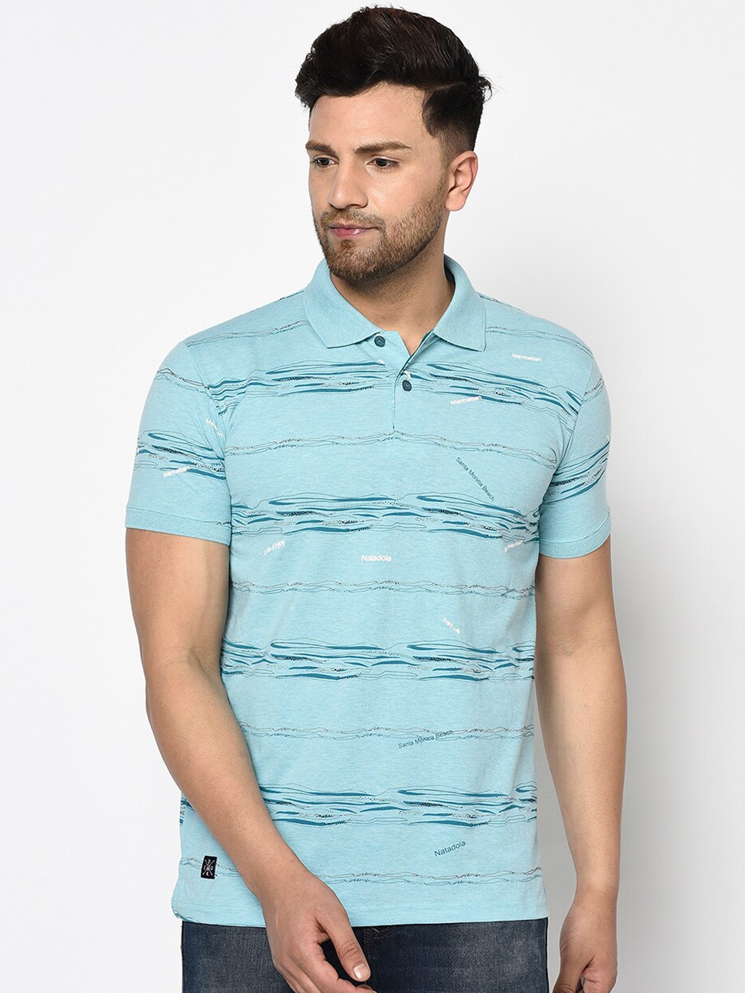 

Duke Men Blue Striped Polo Collar T-shirt