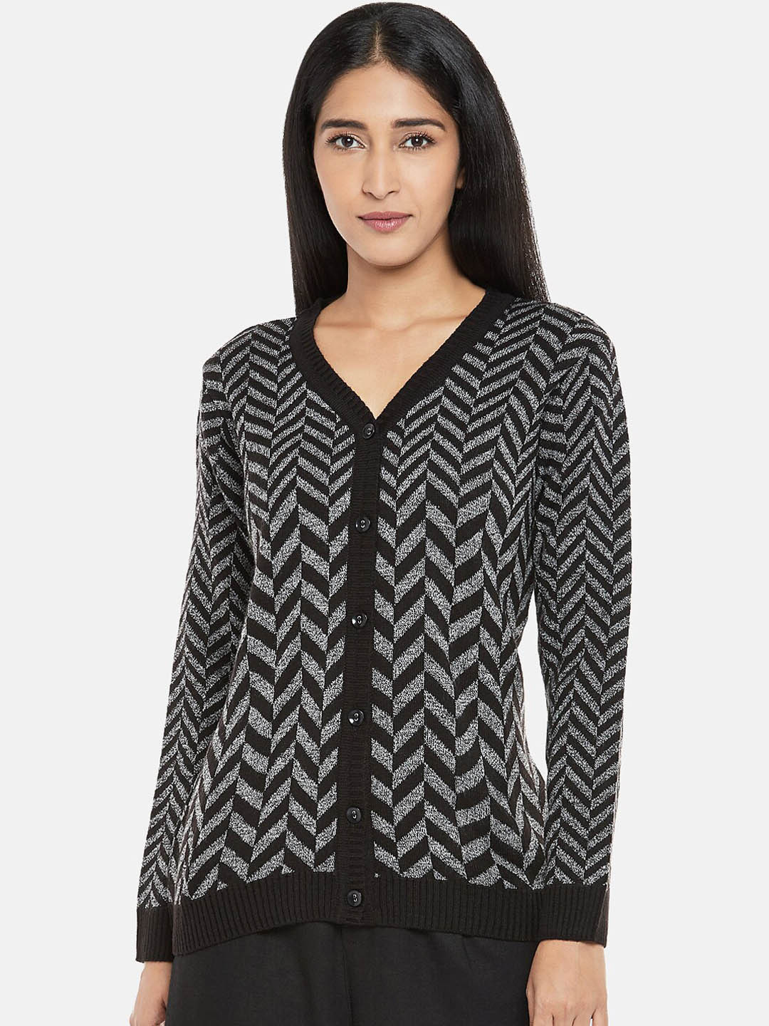 

Annabelle by Pantaloons Women Black & Grey Self-Design Acrylic Cardigan