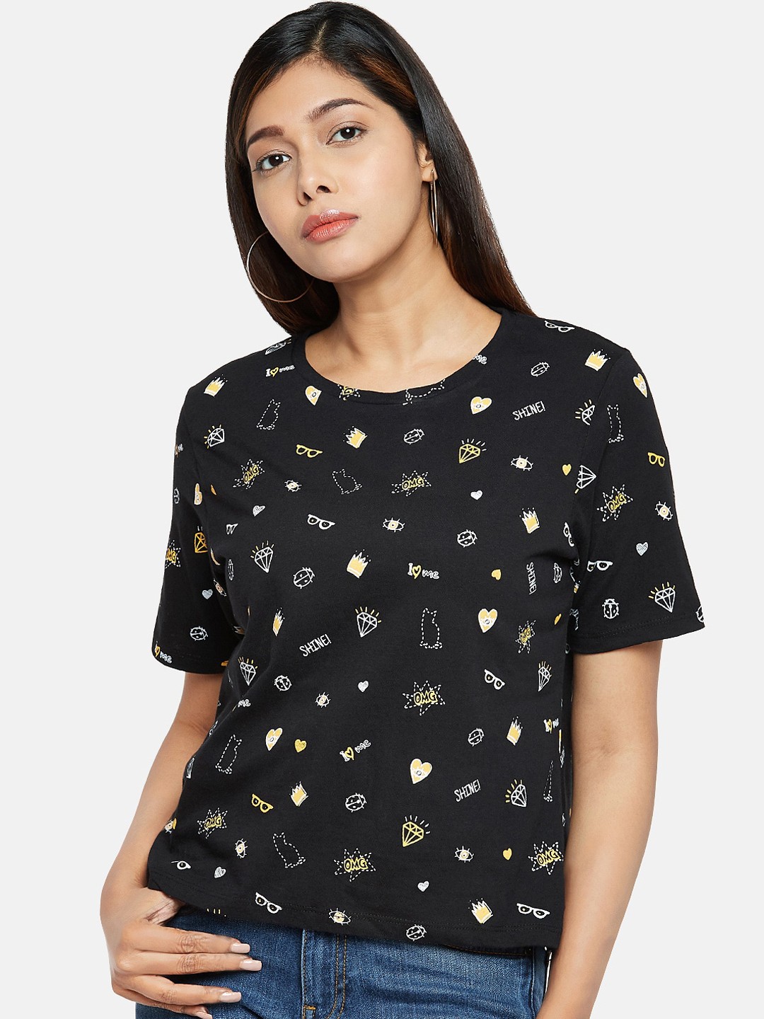 

People Women Black Printed Round Neck T-shirt