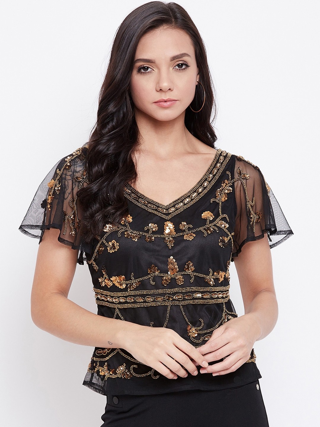 

LE BOURGEOIS Women Black Embellished Peplum Top