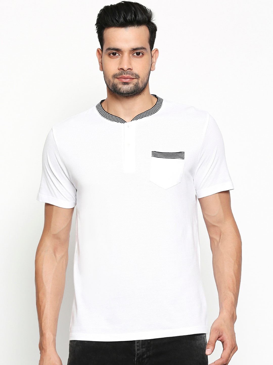 

People Men White Solid Mandarin Collar Pure Cotton T-shirt