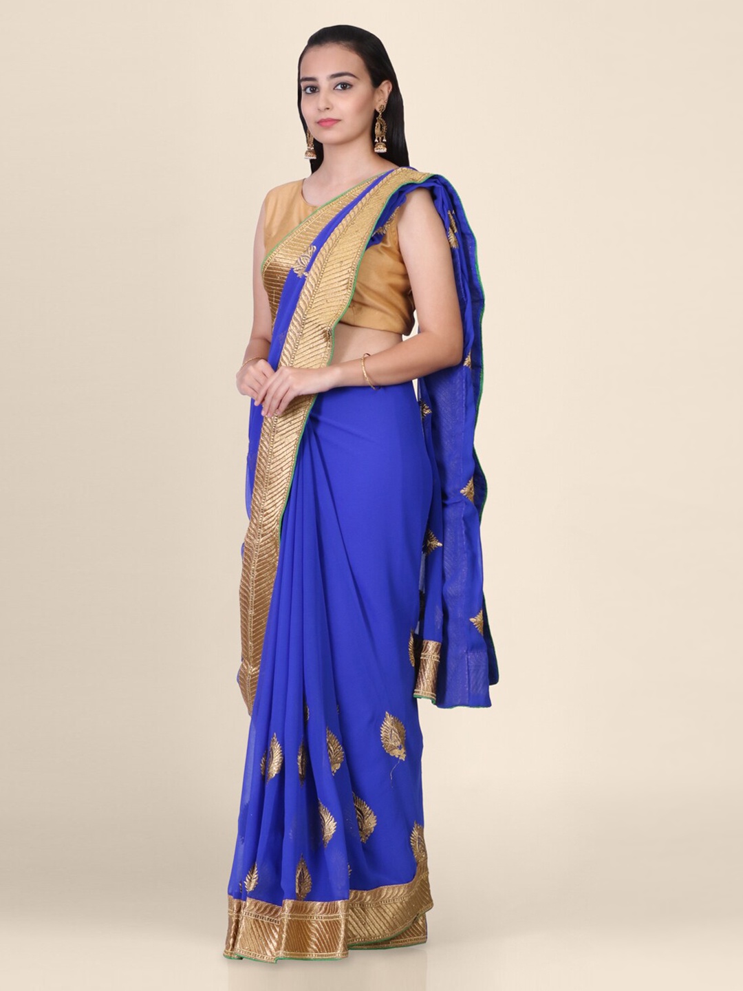 

Hastakala Blue & Gold-Toned Pure Chiffon Printed Banarasi Saree